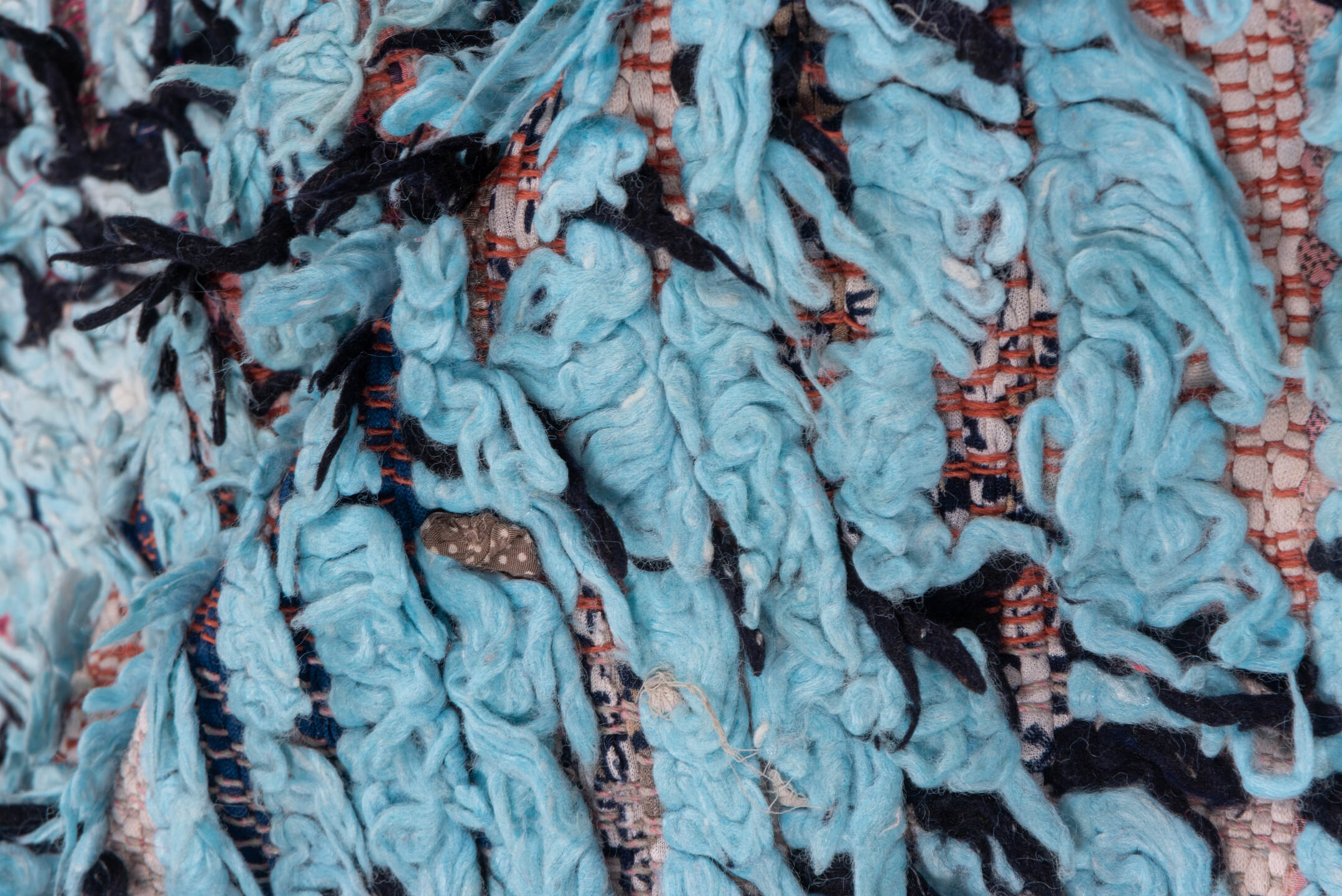 3' x 7' one-of-a-kind handmade vintage Rag Rug runner rug. Color palette: turquoise, charcoal, sky blue, rose, ivory, teal