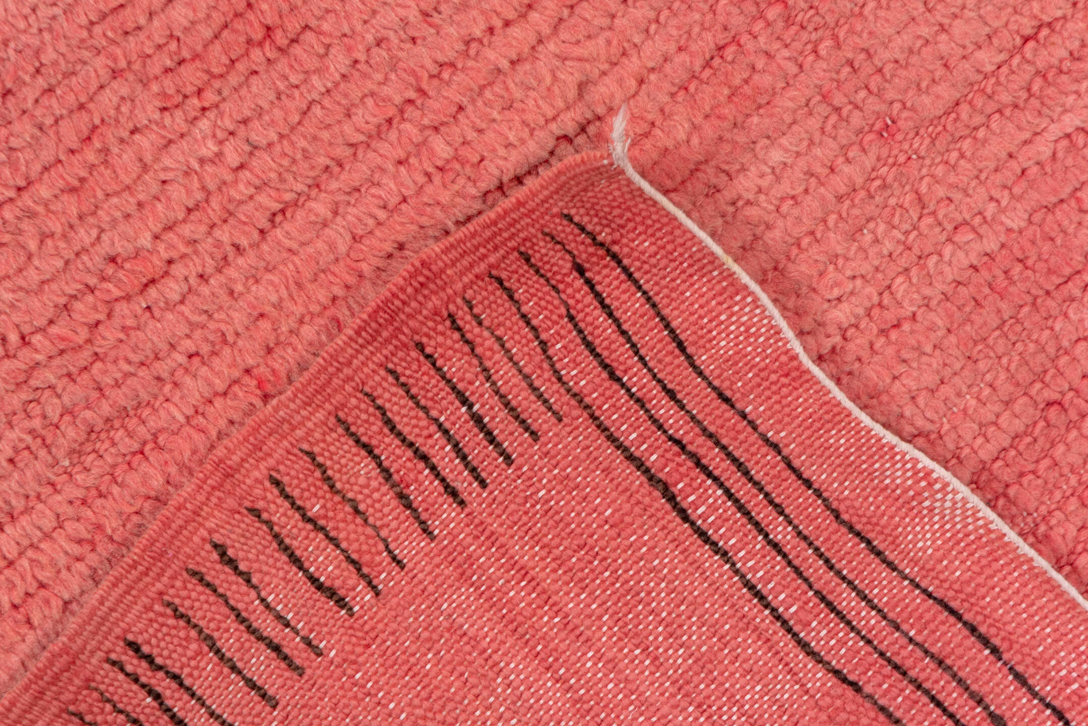 3' x 13' one-of-a-kind handmade vintage Rag Rug runner rug. Color palette: brown, indian red, off-white, pink, red, redwood