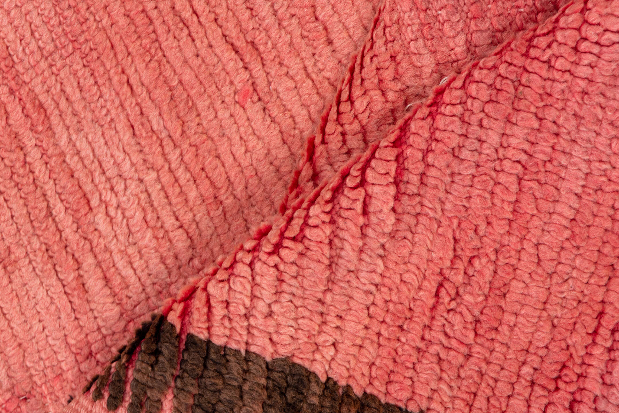 3' x 13' one-of-a-kind handmade vintage Rag Rug runner rug. Color palette: brown, indian red, off-white, pink, red, redwood