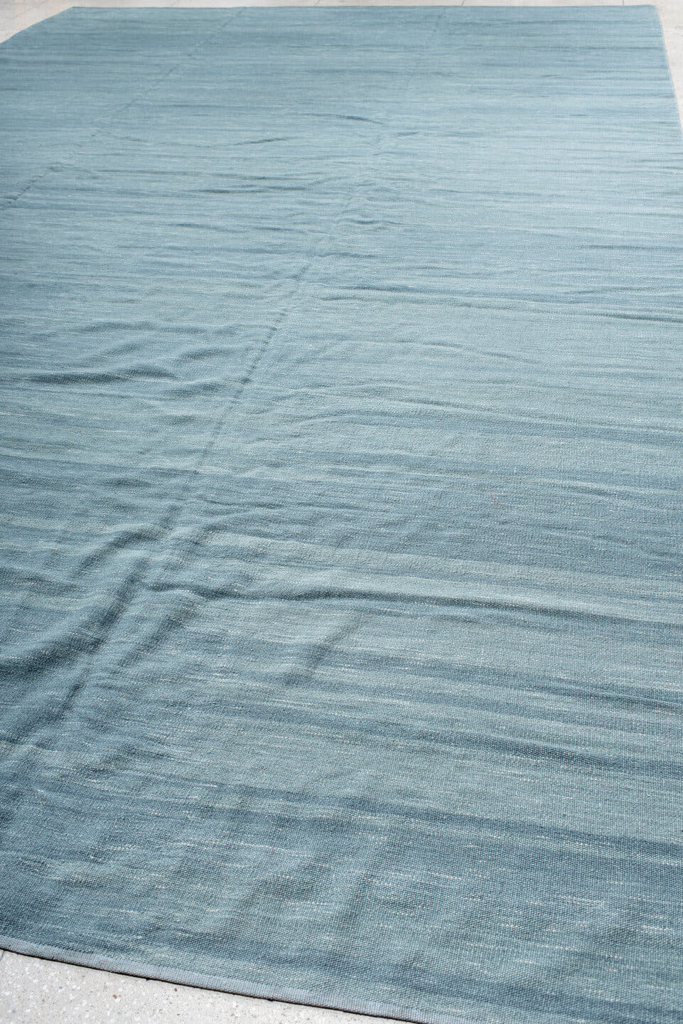 12' x 20' one-of-a-kind handmade vintage Kilim oversize rug. Color palette: sky blue, powder blue, slate, ivory, light blue