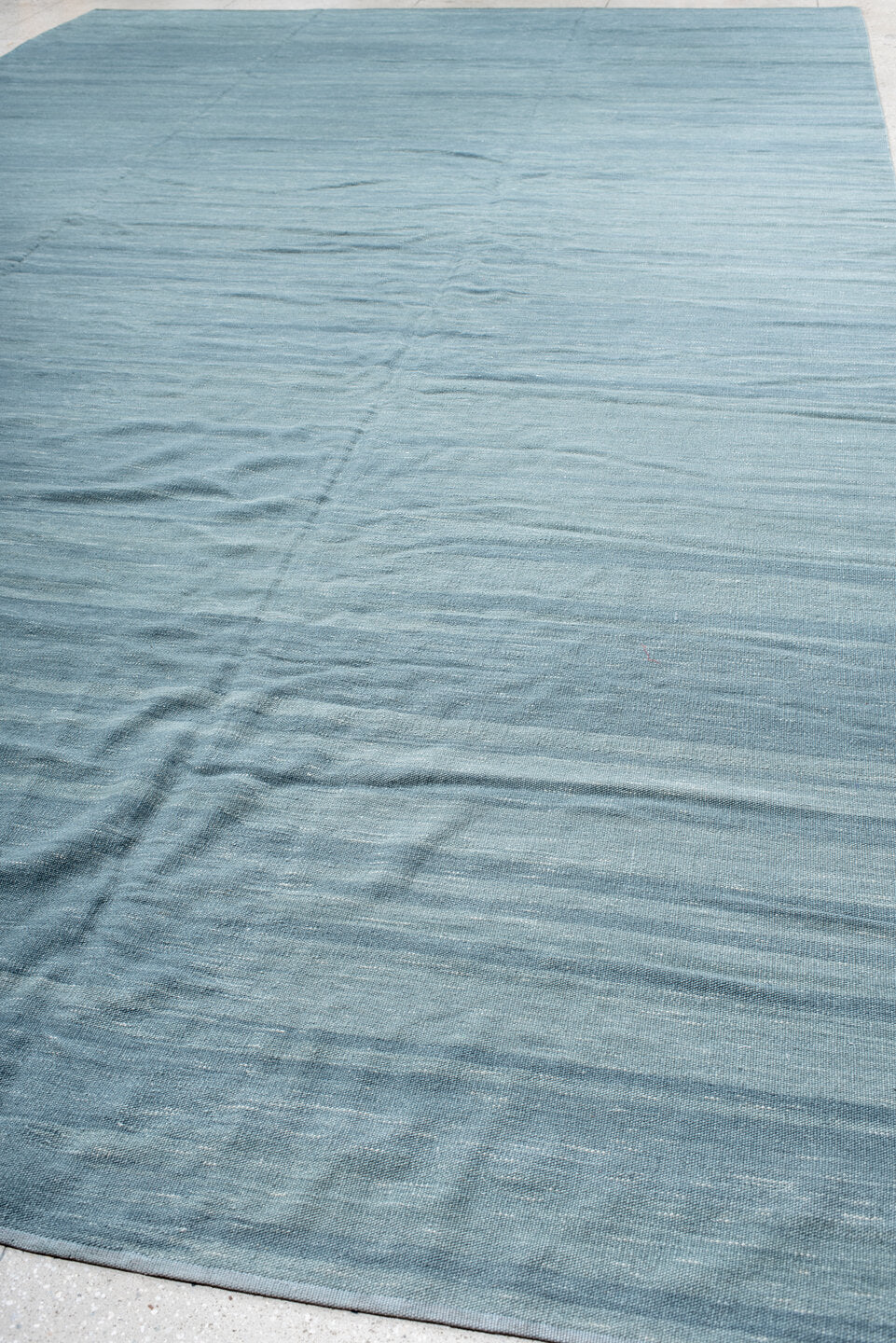 12' x 20' one-of-a-kind handmade vintage Kilim oversize rug. Color palette: sky blue, powder blue, slate, ivory, light blue