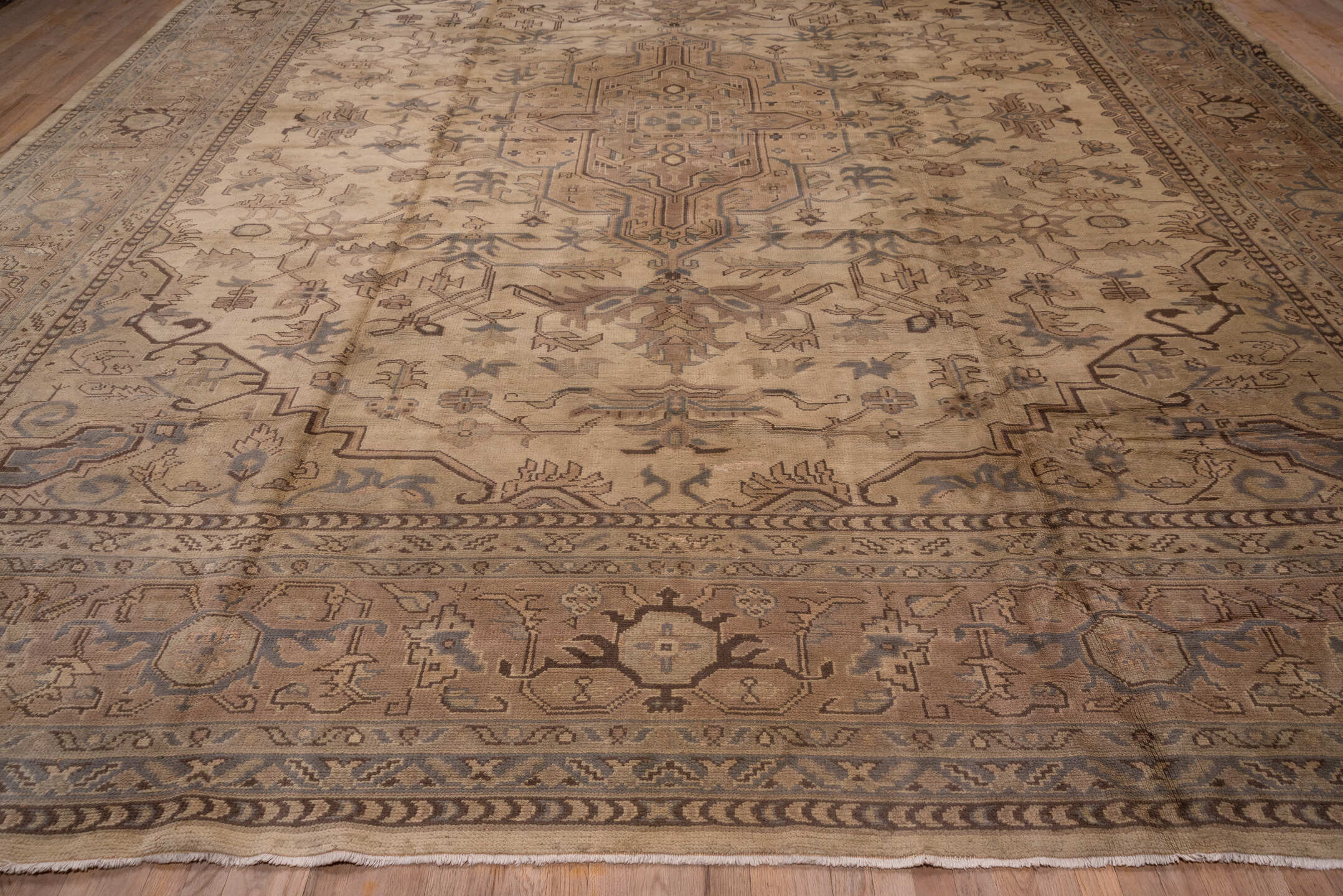 14' x 17' one-of-a-kind handmade vintage Oushak oversize rug. Color palette: brown, gray, off-white, orange, pink