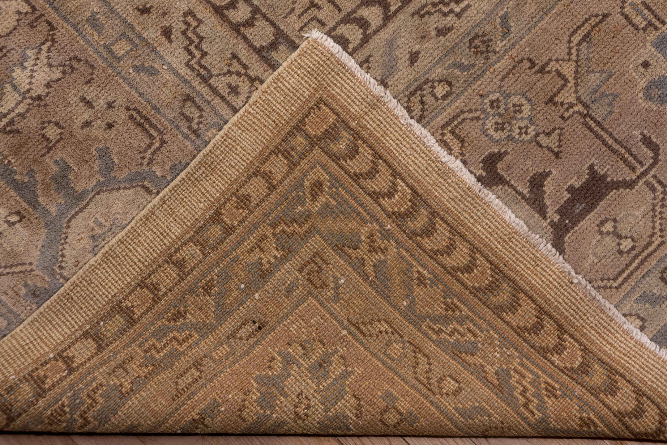 14' x 17' one-of-a-kind handmade vintage Oushak oversize rug. Color palette: brown, gray, off-white, orange, pink