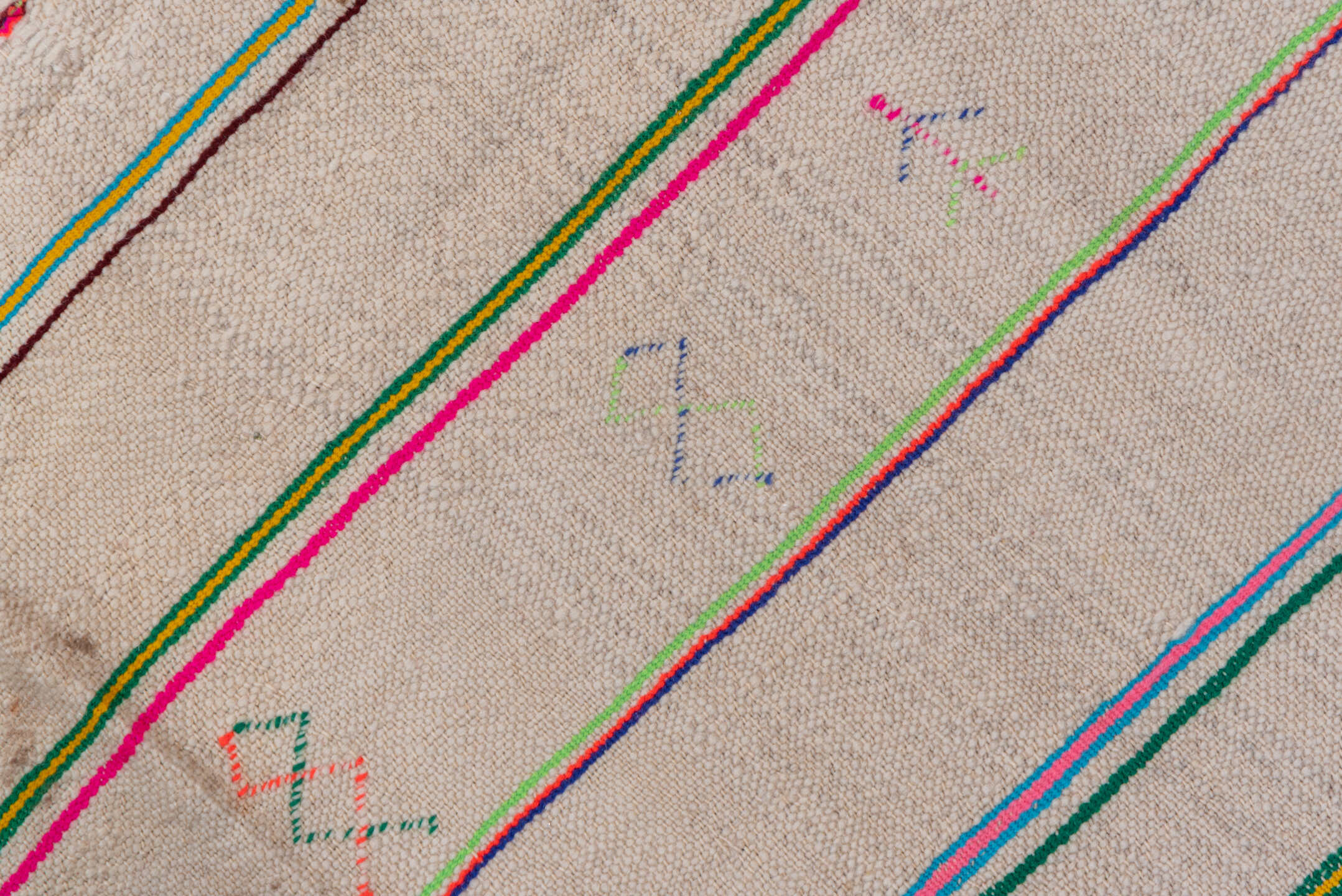 4' x 10' one-of-a-kind handmade vintage Textile runner rug. Color palette: ivory, pink, orange, gold, green, blue, taupe