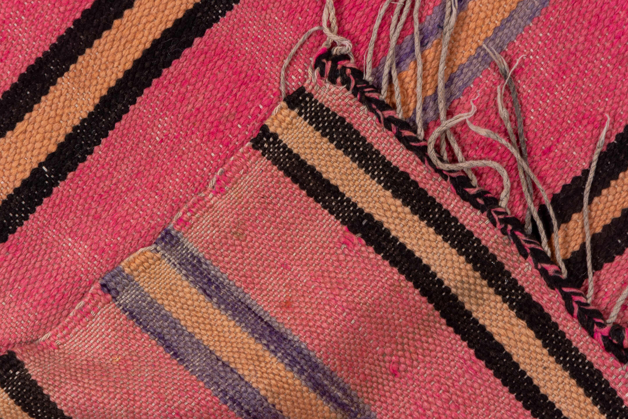 5' x 10' one-of-a-kind handmade vintage Blanket medium size rug. Color palette: pink, charcoal, taupe, muted blue, rose