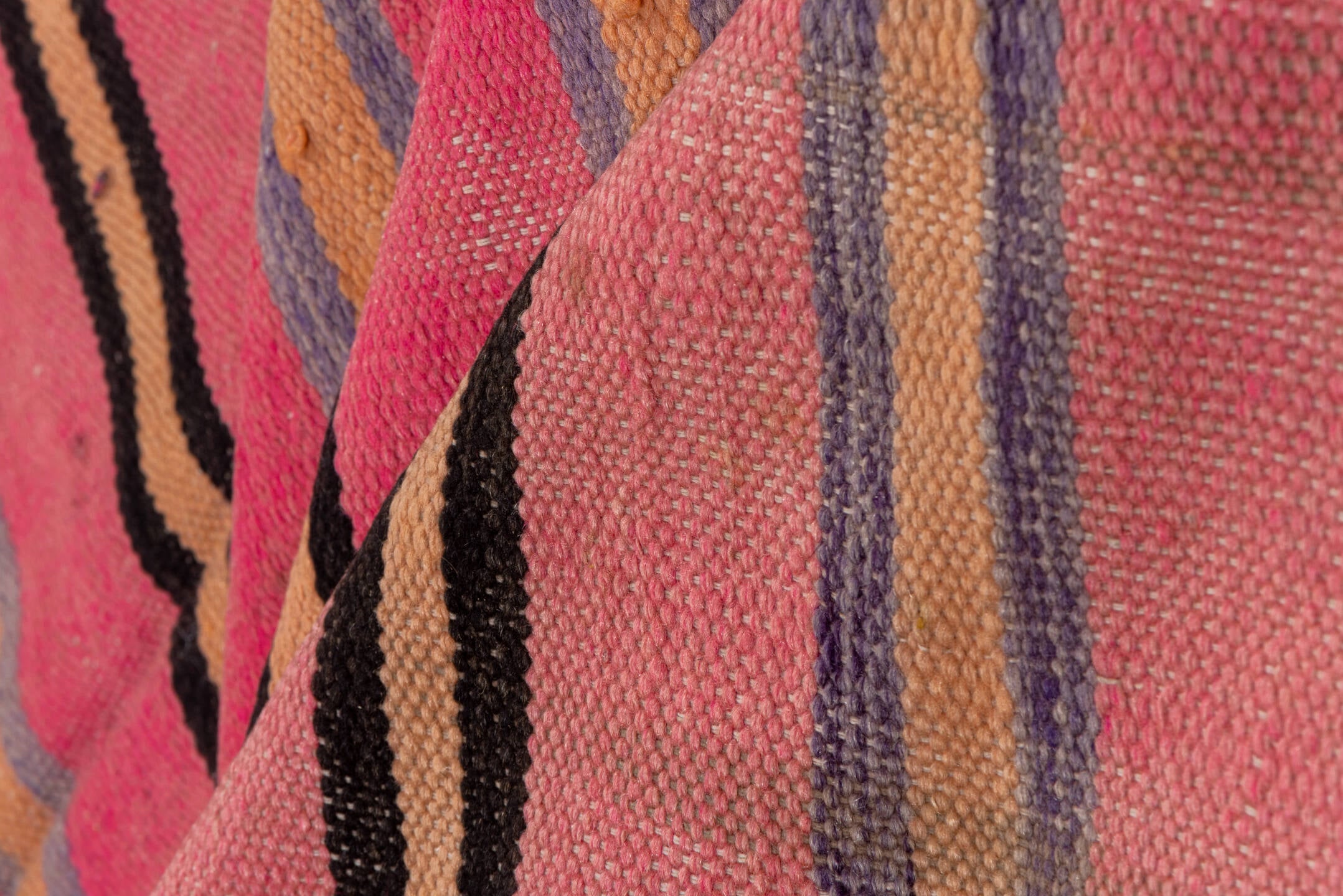 5' x 10' one-of-a-kind handmade vintage Blanket medium size rug. Color palette: pink, charcoal, taupe, muted blue, rose