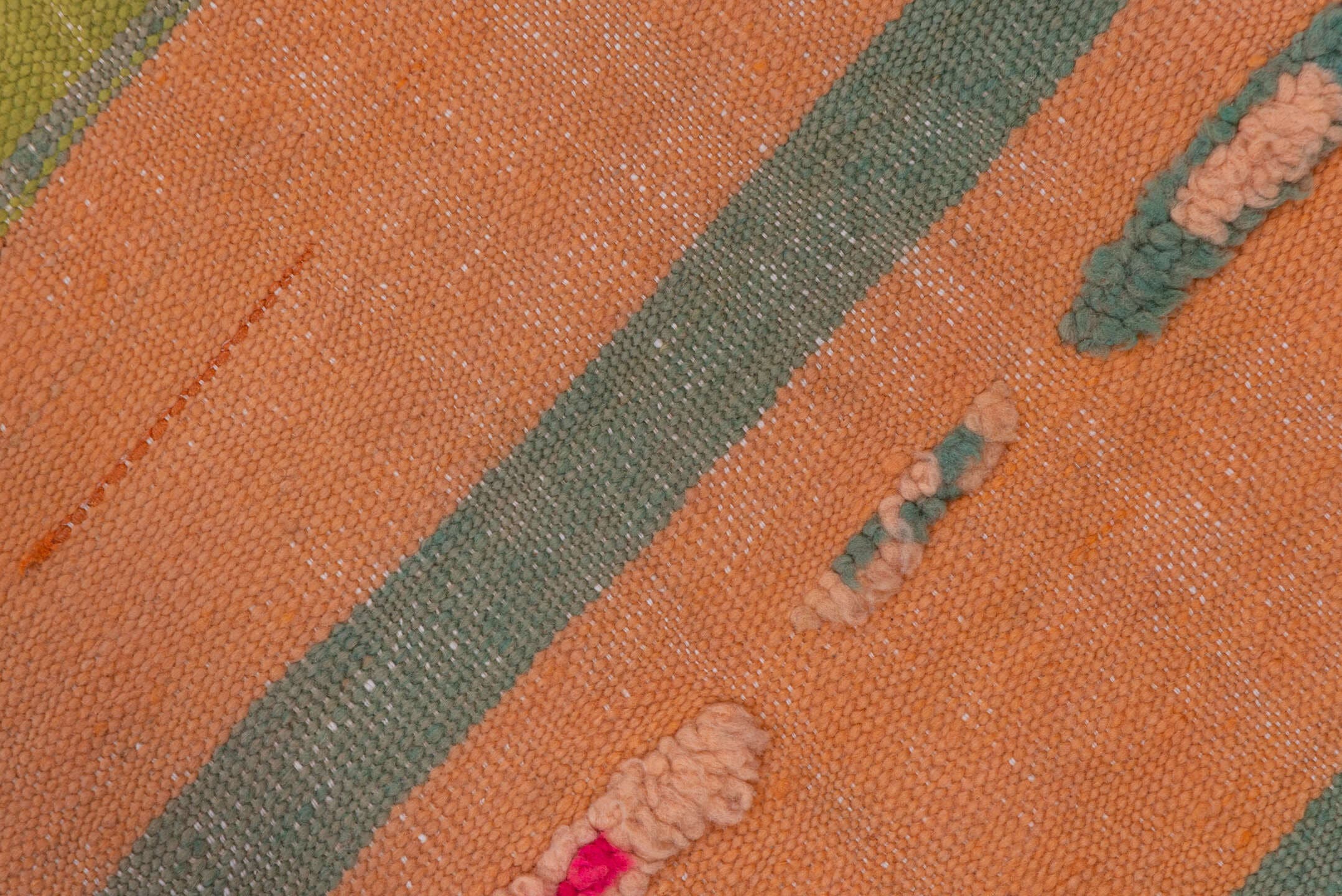 5' x 10' one-of-a-kind handmade vintage Blanket medium size rug. Color palette: peach, olive, green, brown, coral, ivory