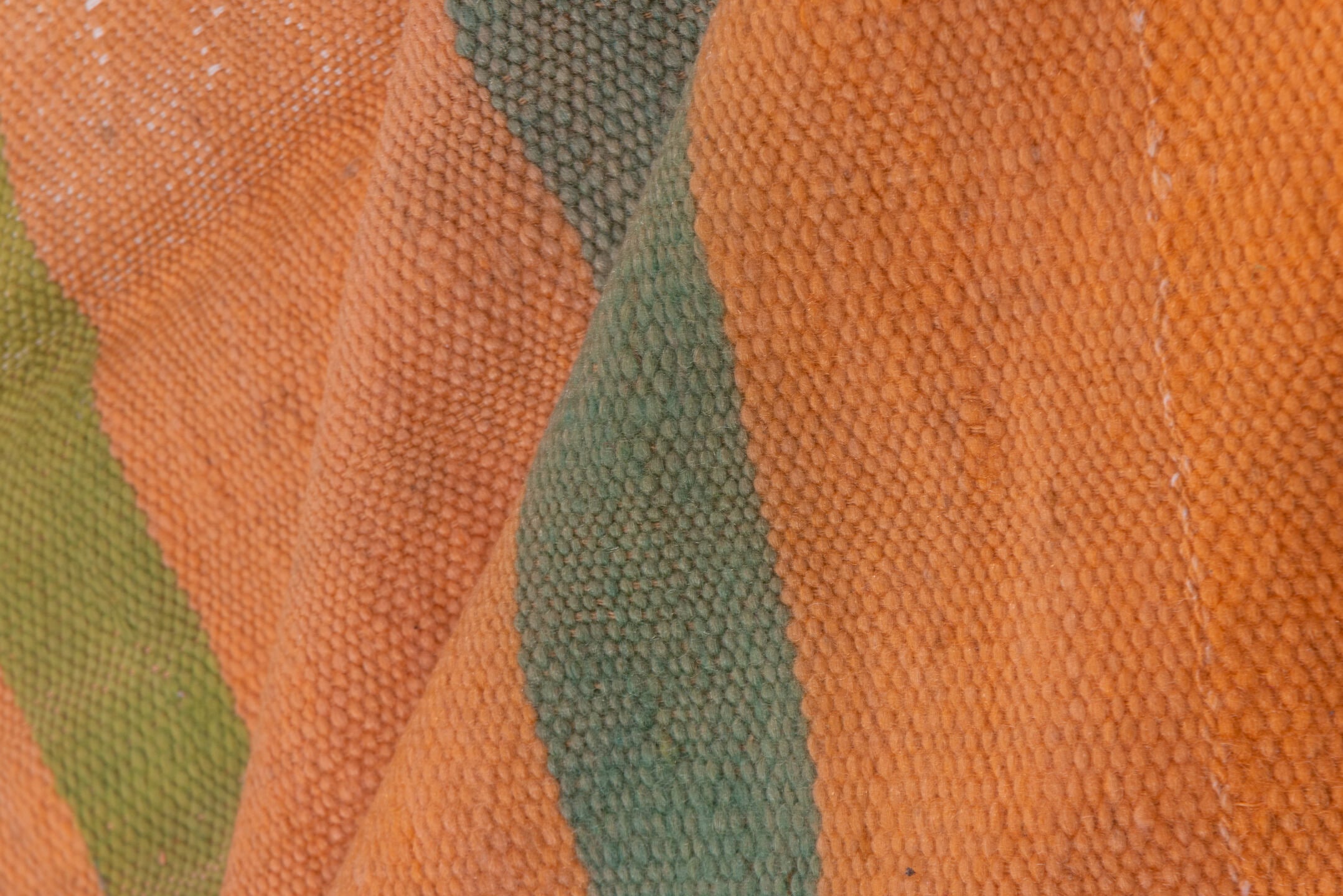 5' x 10' one-of-a-kind handmade vintage Blanket medium size rug. Color palette: peach, olive, green, brown, coral, ivory