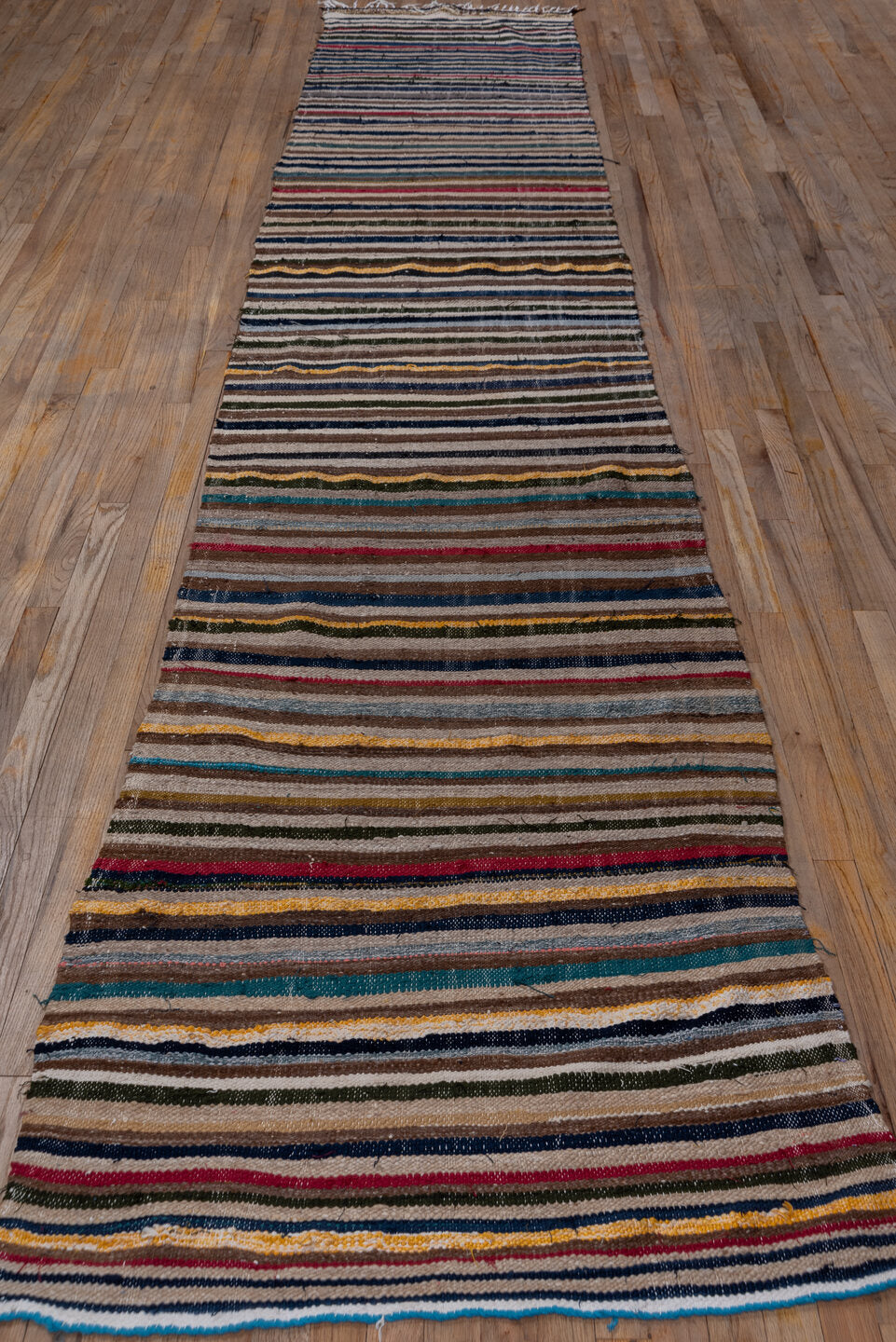 2' x 14' one-of-a-kind handmade vintage Blanket runner rug. Color palette: blue, brown, gray, light gray, off-white, pink