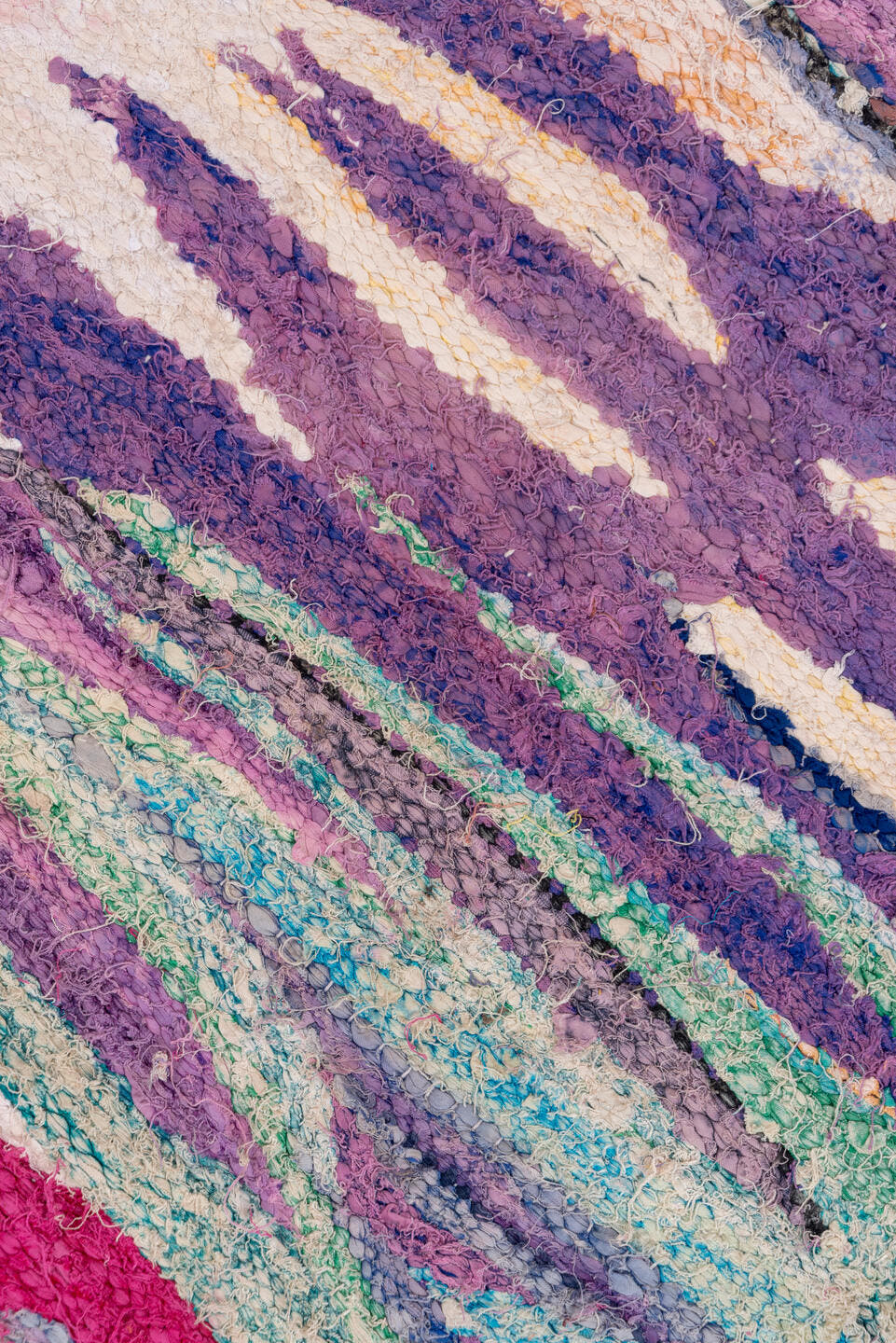 4' x 8' one-of-a-kind handmade vintage Flatweave rug. Color palette: ivory, magenta, brown, teal, violet, turquoise, camel