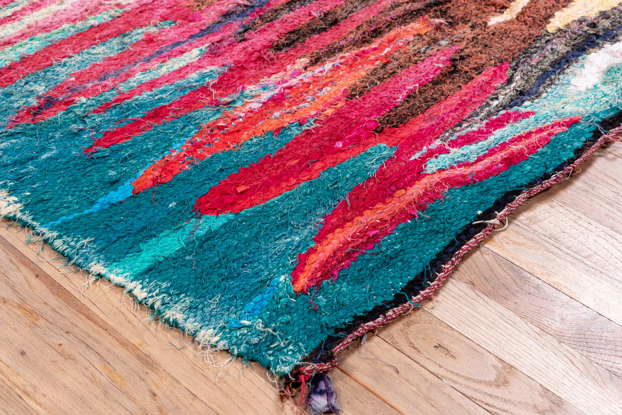 4' x 8' one-of-a-kind handmade vintage Flatweave rug. Color palette: ivory, magenta, brown, teal, violet, turquoise, camel