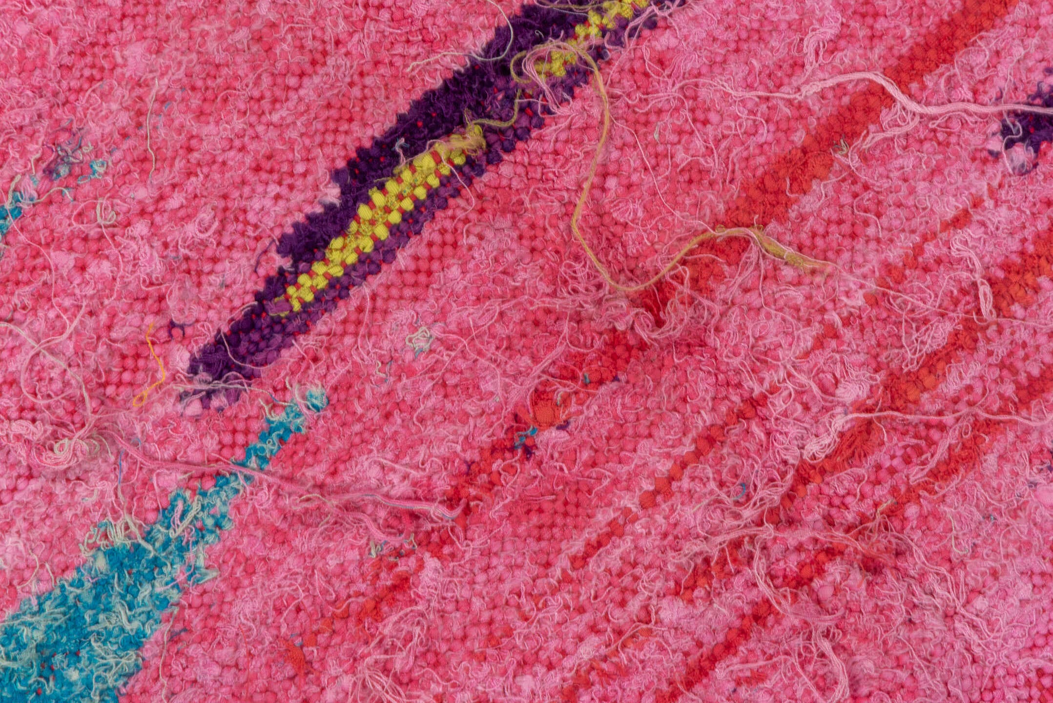 4' x 8' one-of-a-kind handmade vintage Flatweave runner rug. Color palette: pink, turquoise, purple, coral, aqua, teal