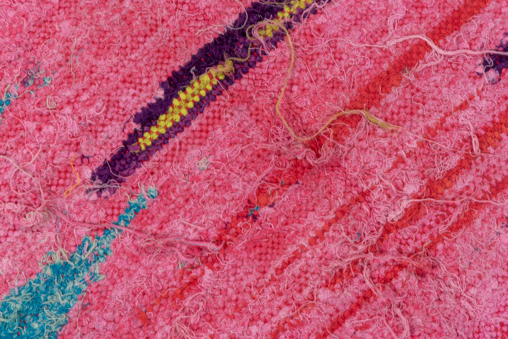 4' x 8' one-of-a-kind handmade vintage Flatweave runner rug. Color palette: pink, turquoise, purple, coral, aqua, teal