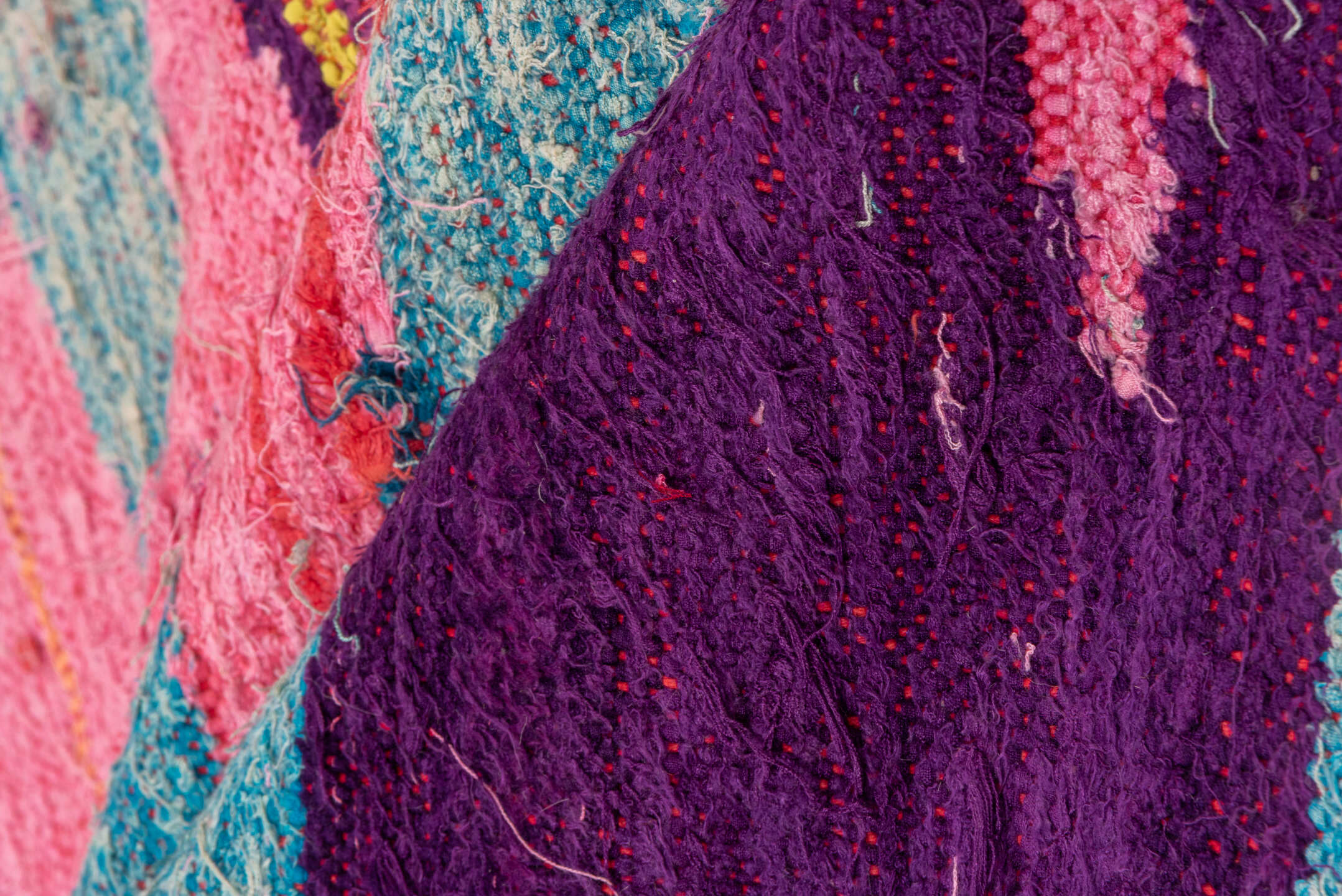 4' x 8' one-of-a-kind handmade vintage Flatweave runner rug. Color palette: pink, turquoise, purple, coral, aqua, teal