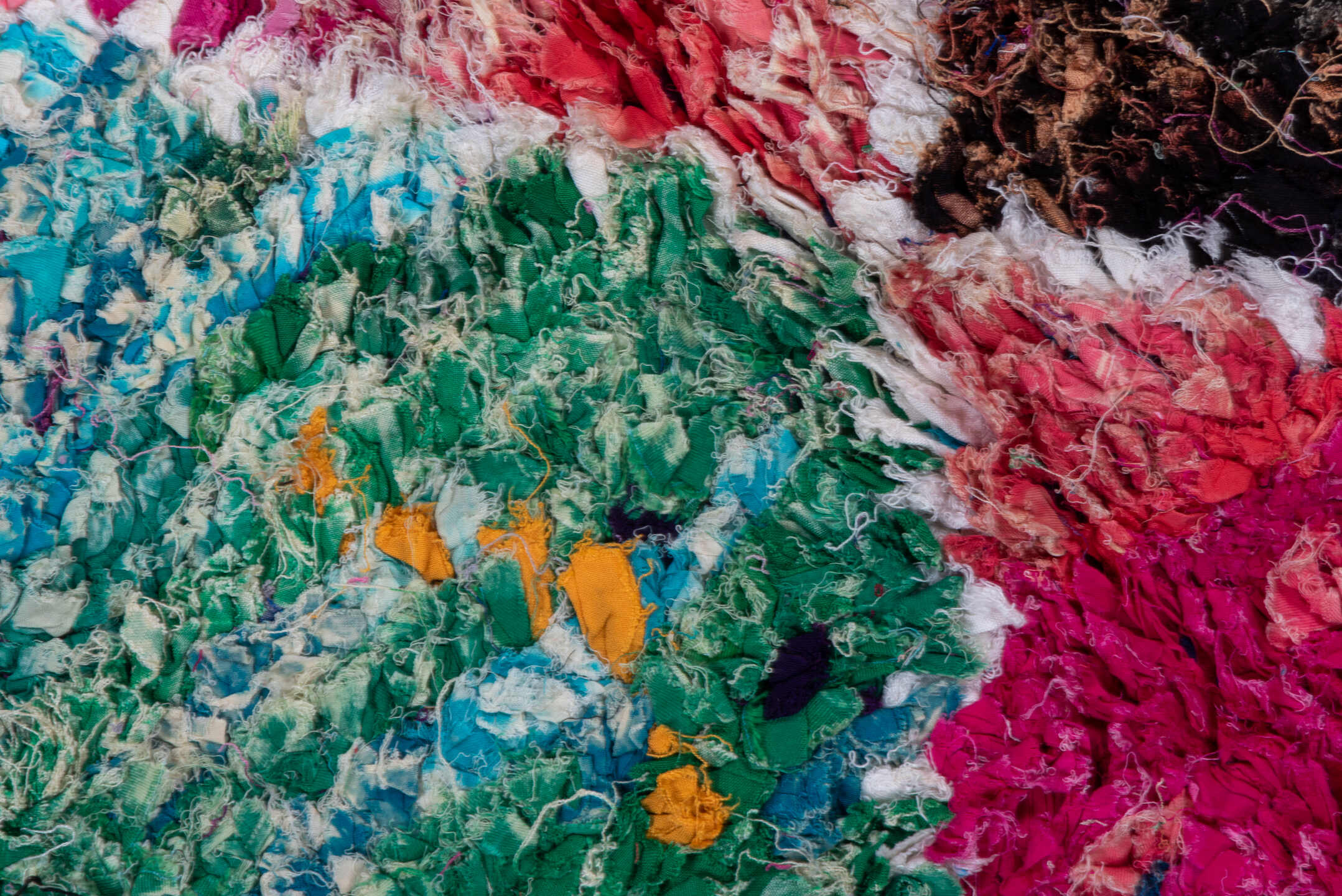 5' x 8' one-of-a-kind handmade vintage Rag Rug medium size rug. Color palette: turquoise, cobalt, fuchsia, violet, ivory