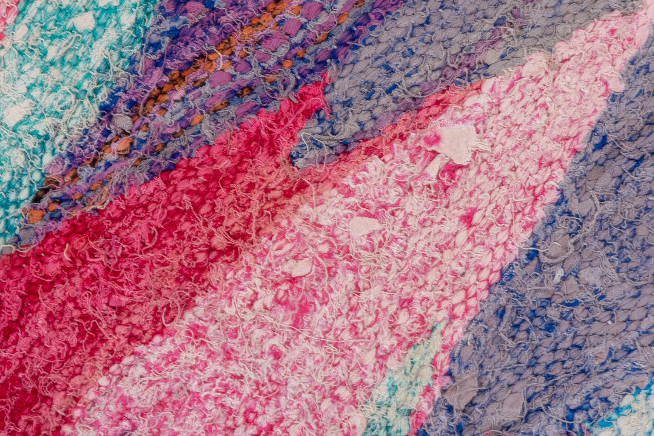 4' x 8' one-of-a-kind handmade vintage Flatweave rug. Color palette: violet, cobalt, magenta, aqua, blush, ivory, gray