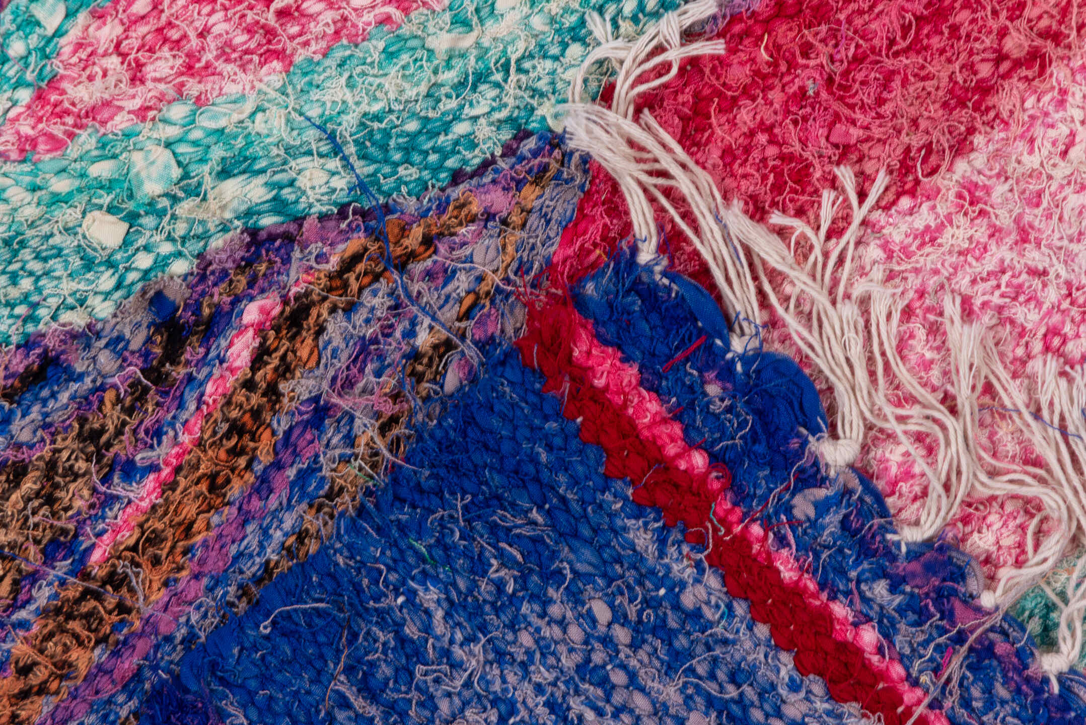 4' x 8' one-of-a-kind handmade vintage Flatweave rug. Color palette: violet, cobalt, magenta, aqua, blush, ivory, gray