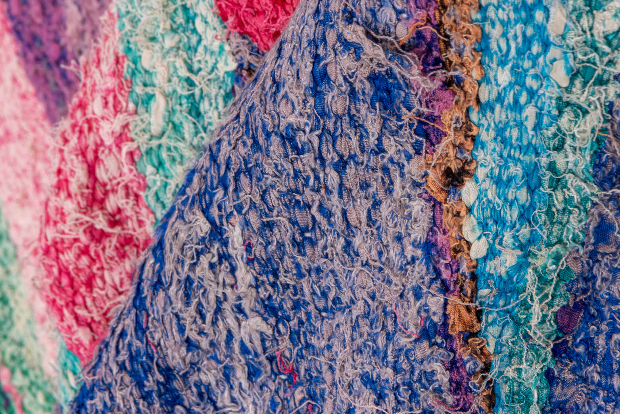 4' x 8' one-of-a-kind handmade vintage Flatweave rug. Color palette: violet, cobalt, magenta, aqua, blush, ivory, gray