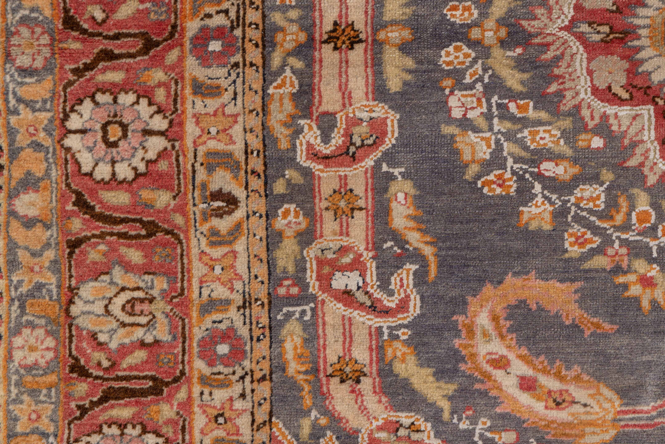 4' x 6' one-of-a-kind handmade antique Kaisary small size rug. Color palette: slate, coral, rust, ivory, gold, rose, camel