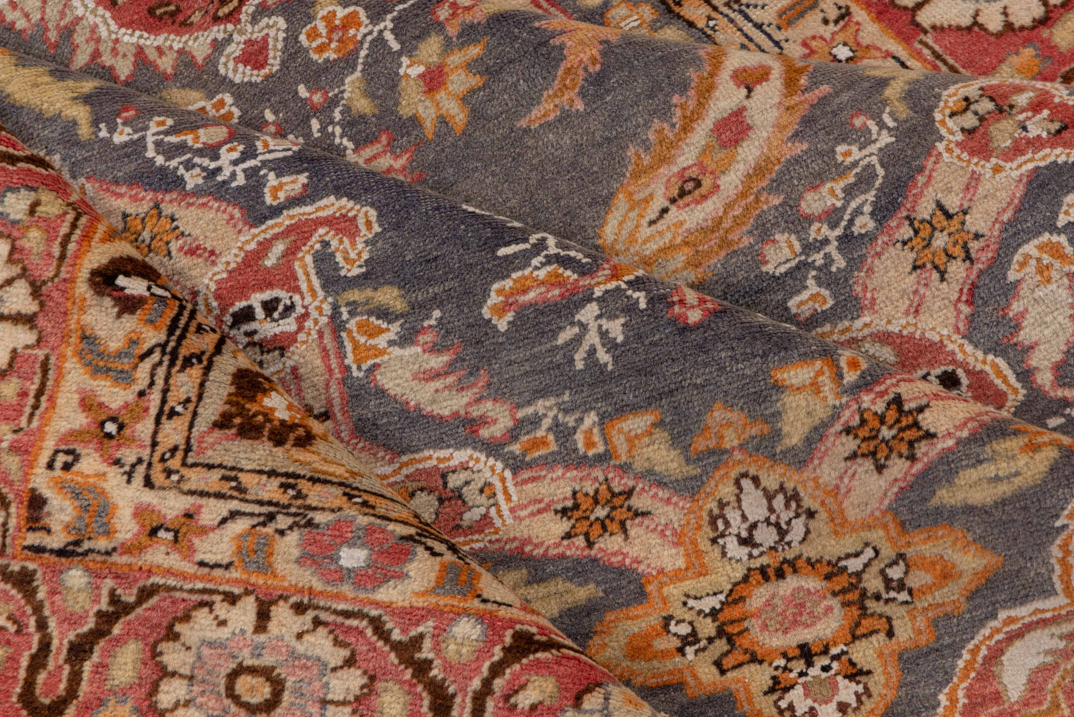 4' x 6' one-of-a-kind handmade antique Kaisary small size rug. Color palette: slate, coral, rust, ivory, gold, rose, camel