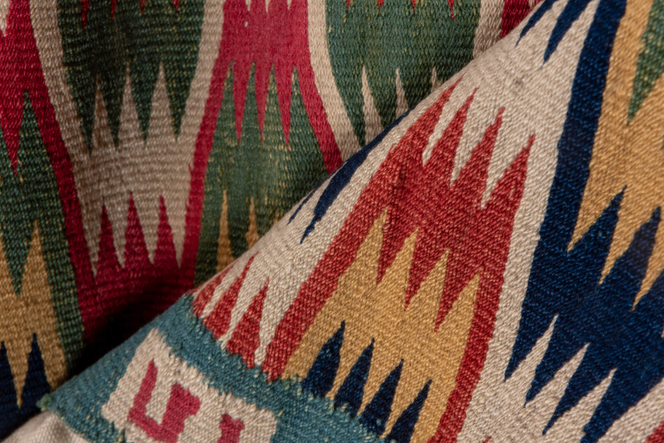 2' x 5' one-of-a-kind handmade vintage Rollaken small size rug. Color palette: blue, brown, gray, off-white, orange, pink