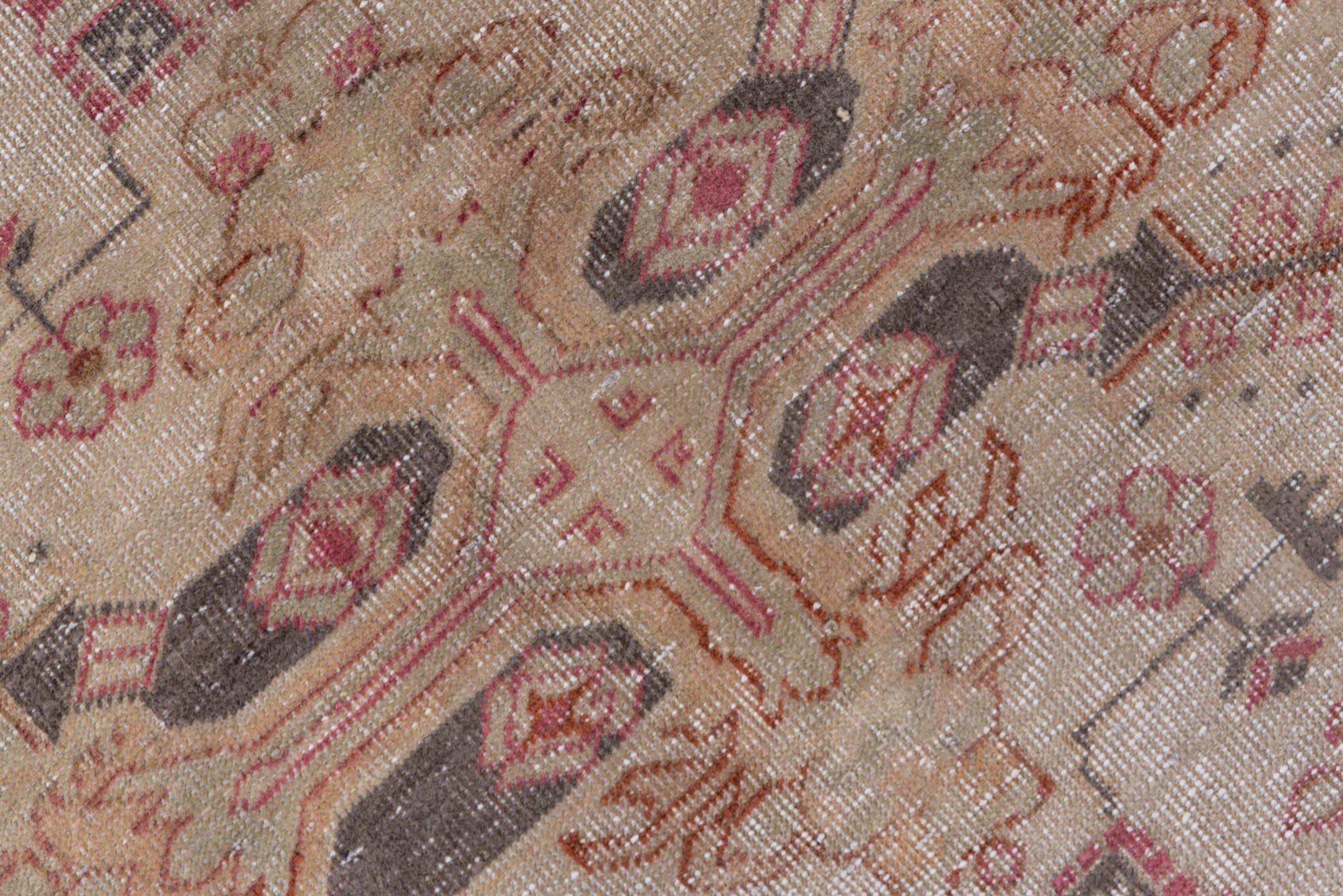6' x 9' one-of-a-kind handmade antique Sivas medium size rug. Color palette: ivory, taupe, rose, charcoal, terra cotta