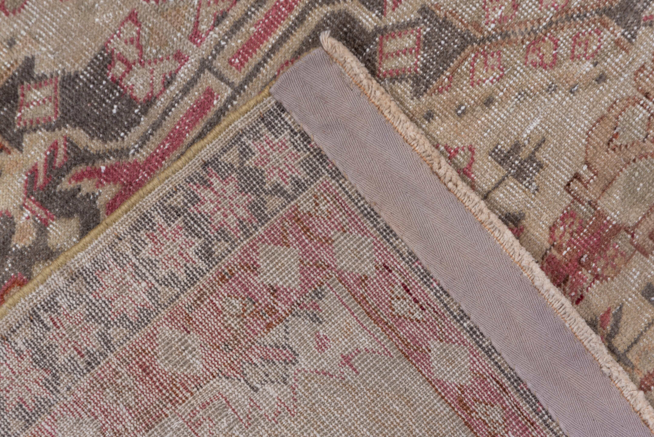 6' x 9' one-of-a-kind handmade antique Sivas medium size rug. Color palette: ivory, taupe, rose, charcoal, terra cotta