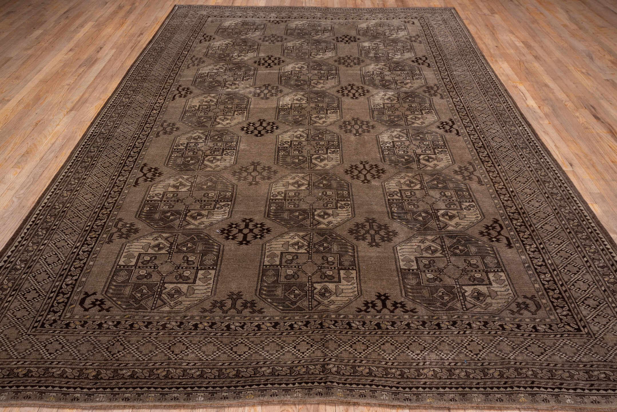 8' x 12' one-of-a-kind handmade antique Afghan large size rug. Color palette: taupe, brown, charcoal, camel, ivory, beige
