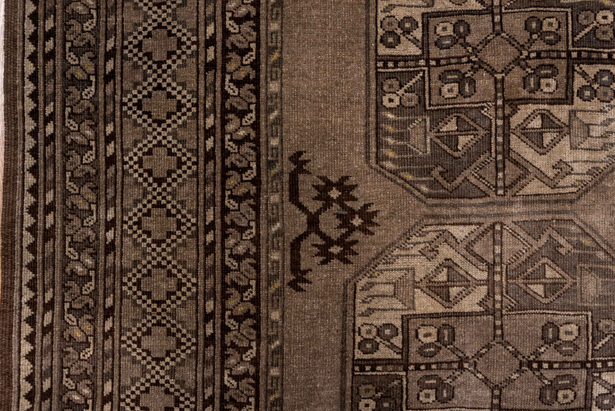 8' x 12' one-of-a-kind handmade antique Afghan large size rug. Color palette: taupe, brown, charcoal, camel, ivory, beige