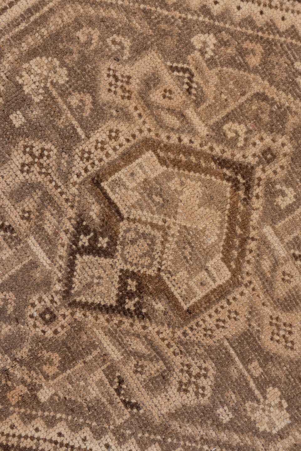 5' x 6' one-of-a-kind handmade antique Shiraz rug. Color palette: camel, taupe, brown, beige, ivory, gray