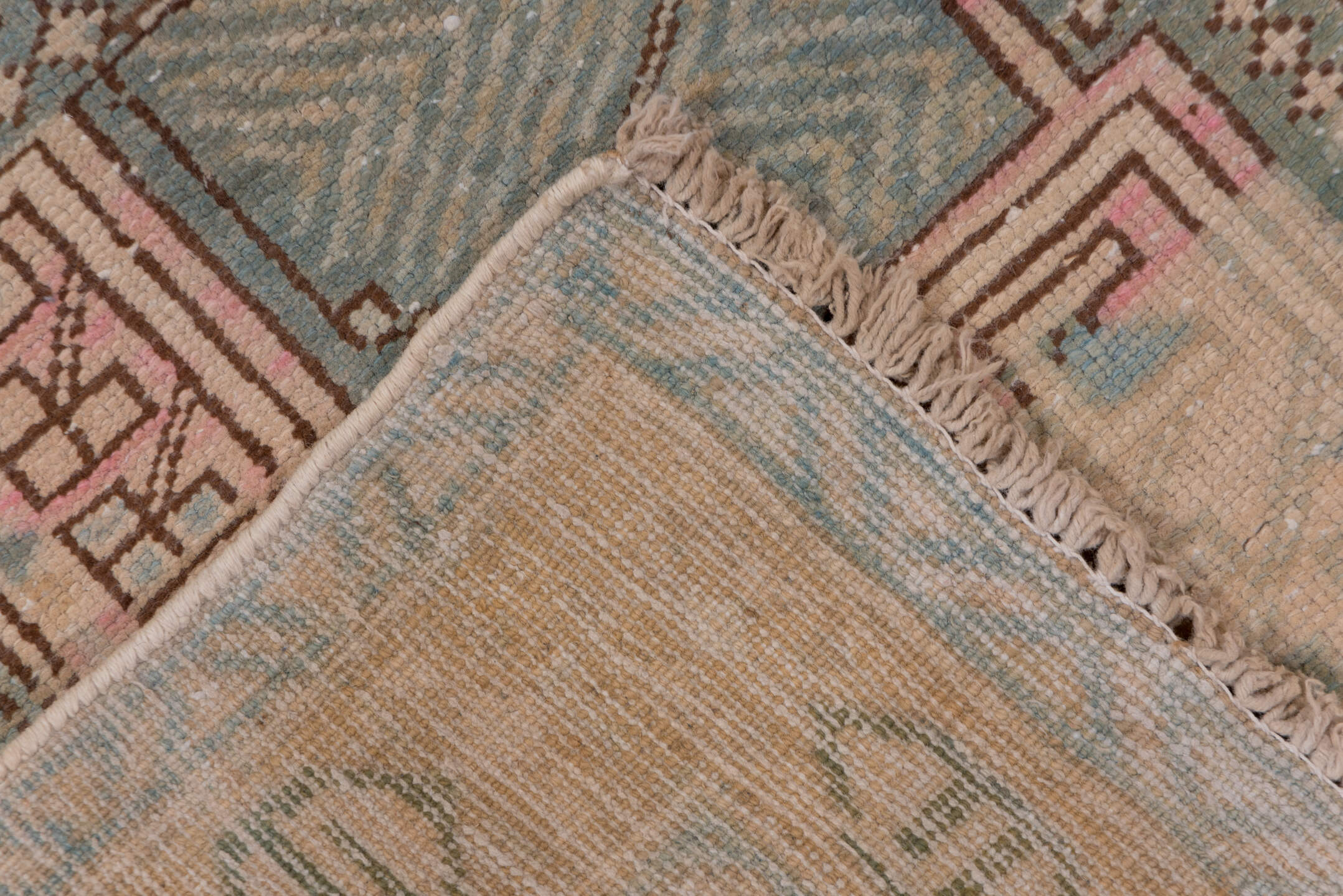 3' x 11' one-of-a-kind handmade antique Sarab runner rug. Color palette: ivory, sky blue, pink, camel, taupe, charcoal