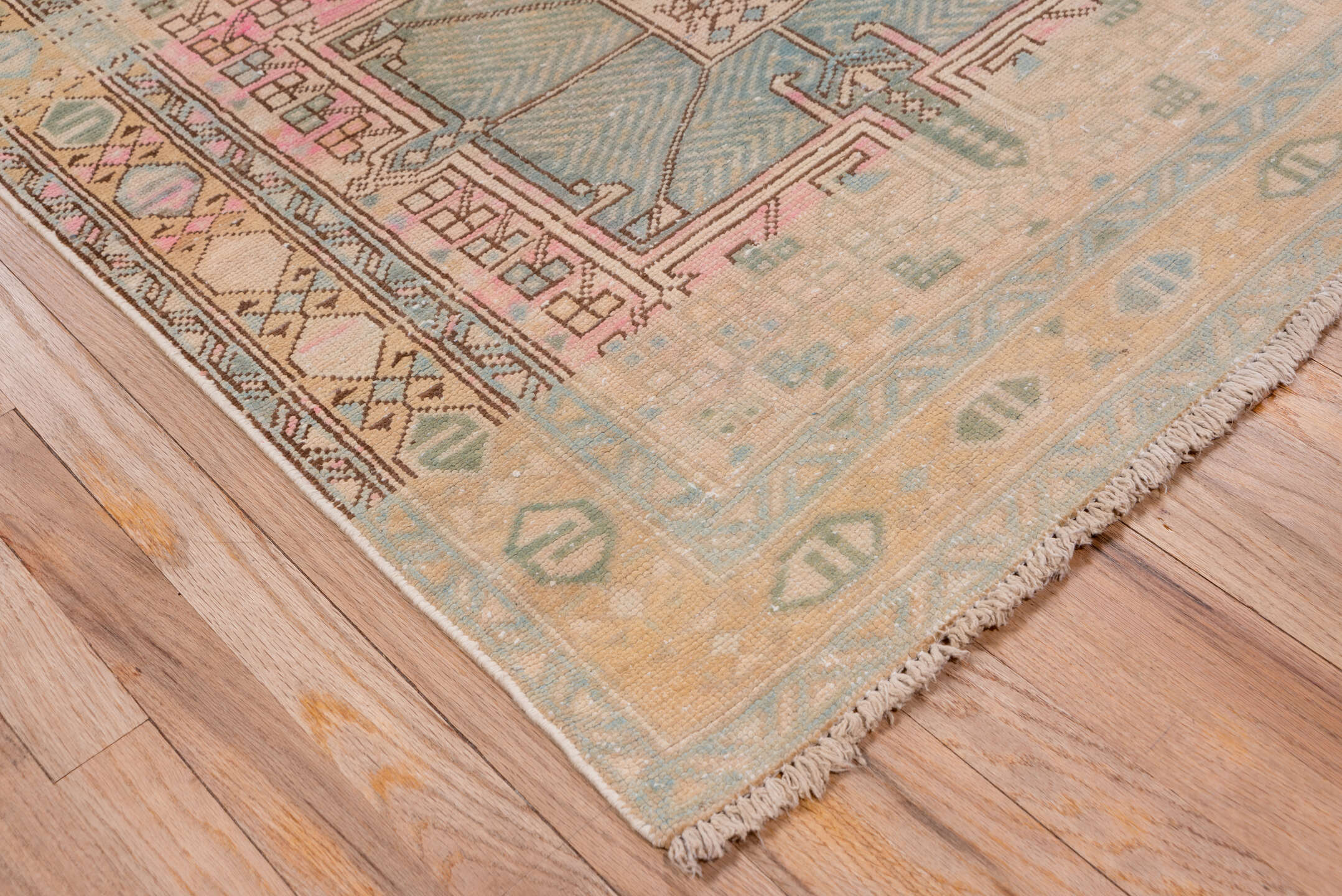 3' x 11' one-of-a-kind handmade antique Sarab runner rug. Color palette: ivory, sky blue, pink, camel, taupe, charcoal