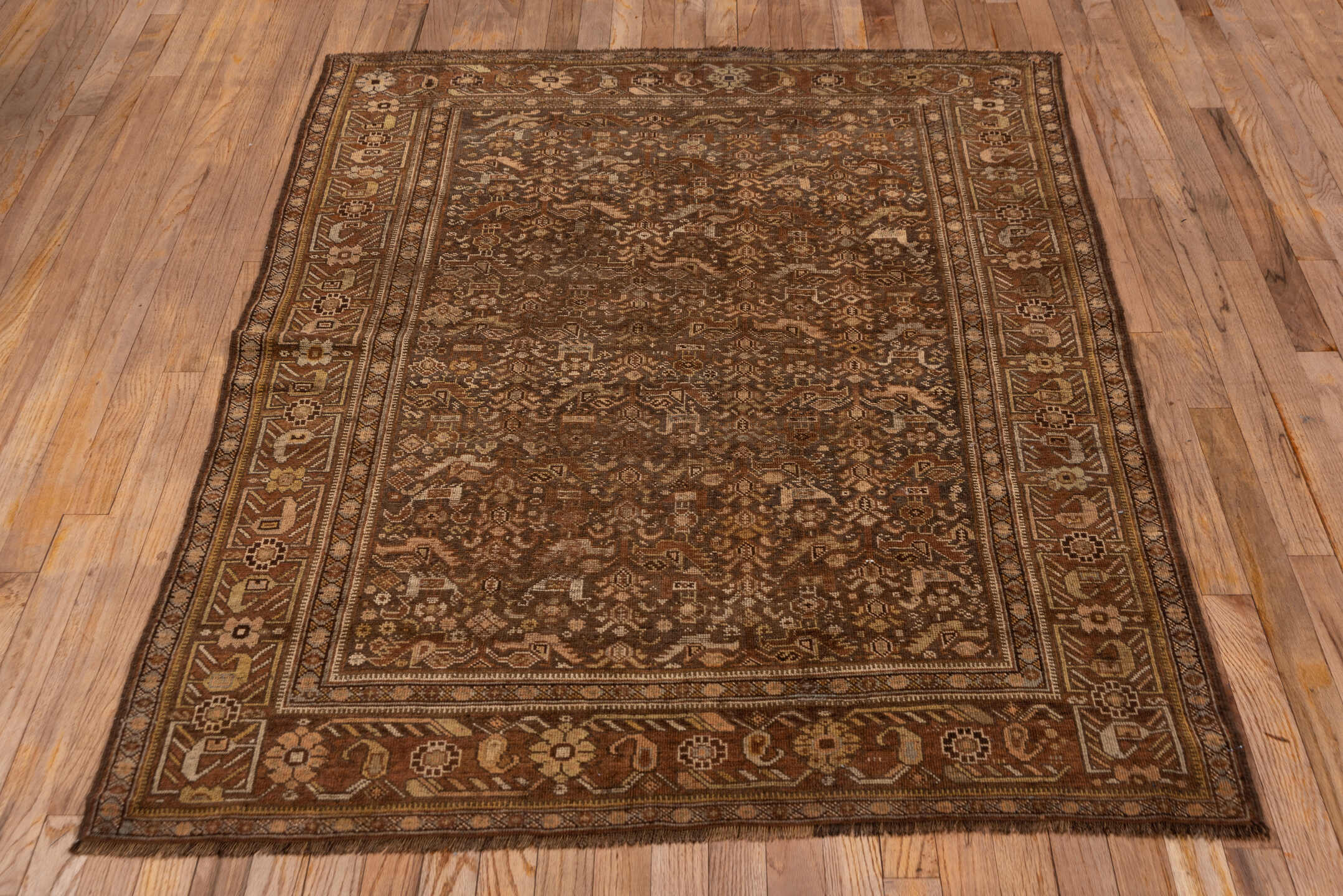 4' x 6' one-of-a-kind handmade vintage Shiraz small size rug. Color palette: brown, gray, light gray, off-white, pink, snow