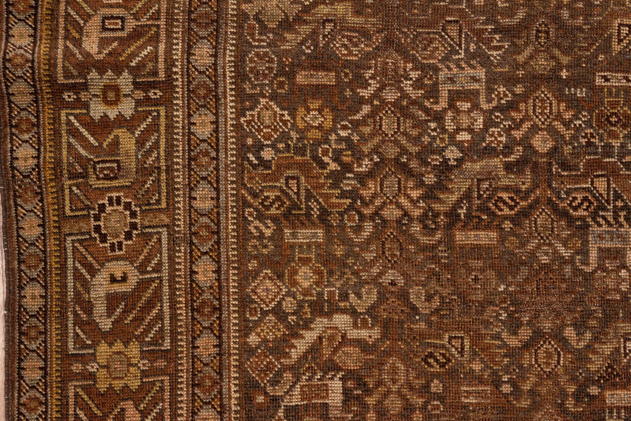 4' x 6' one-of-a-kind handmade vintage Shiraz small size rug. Color palette: brown, camel, ivory, taupe, rust, charcoal