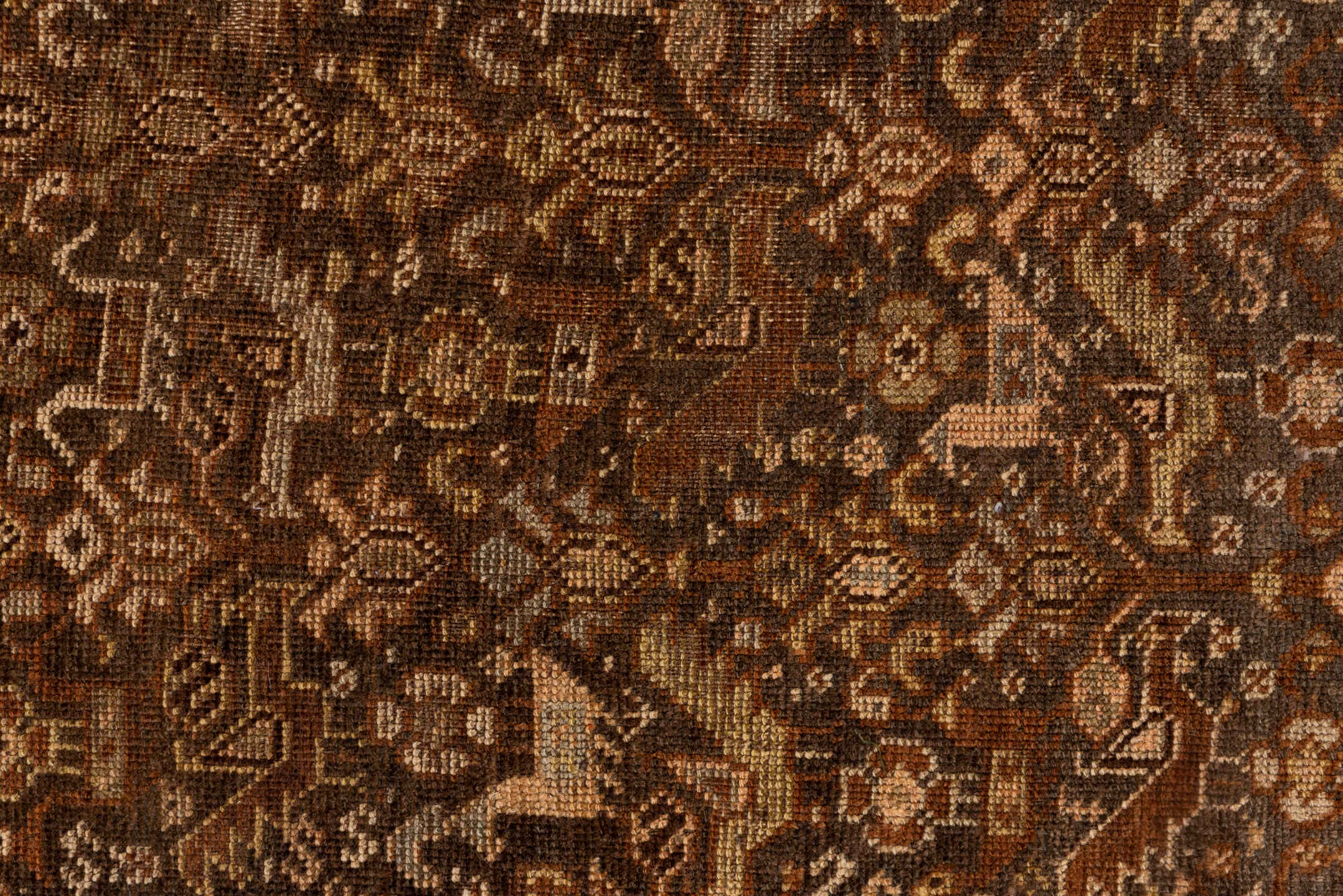 4' x 6' one-of-a-kind handmade vintage Shiraz small size rug. Color palette: brown, camel, ivory, taupe, rust, charcoal