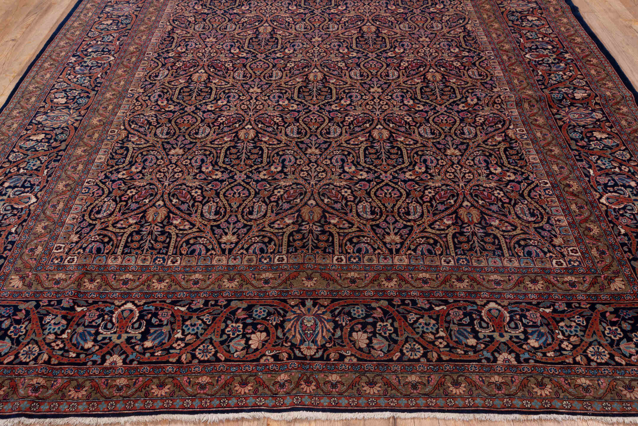 8' x 11' one-of-a-kind handmade vintage Kashan large size rug. Color palette: blue, brown, dim gray, gray, light gray