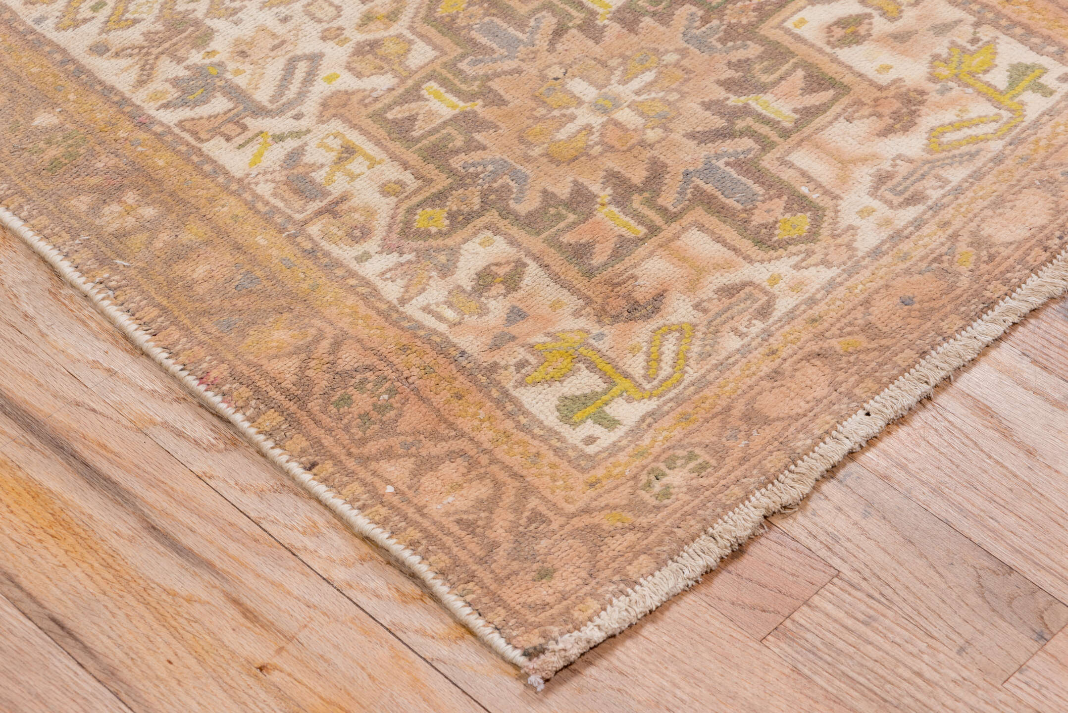 2' x 10' one-of-a-kind handmade antique Karaje runner rug. Color palette: taupe, ivory, camel, gold, sage, brown, beige