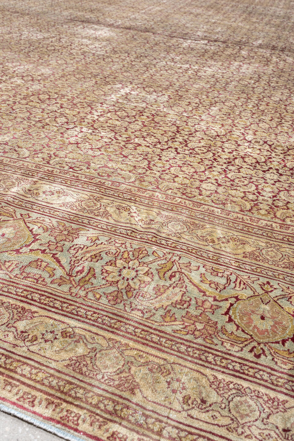 13' x 22' one-of-a-kind handmade antique Khorassan oversize rug. Color palette: rose, terracotta, ivory, blue gray, taupe
