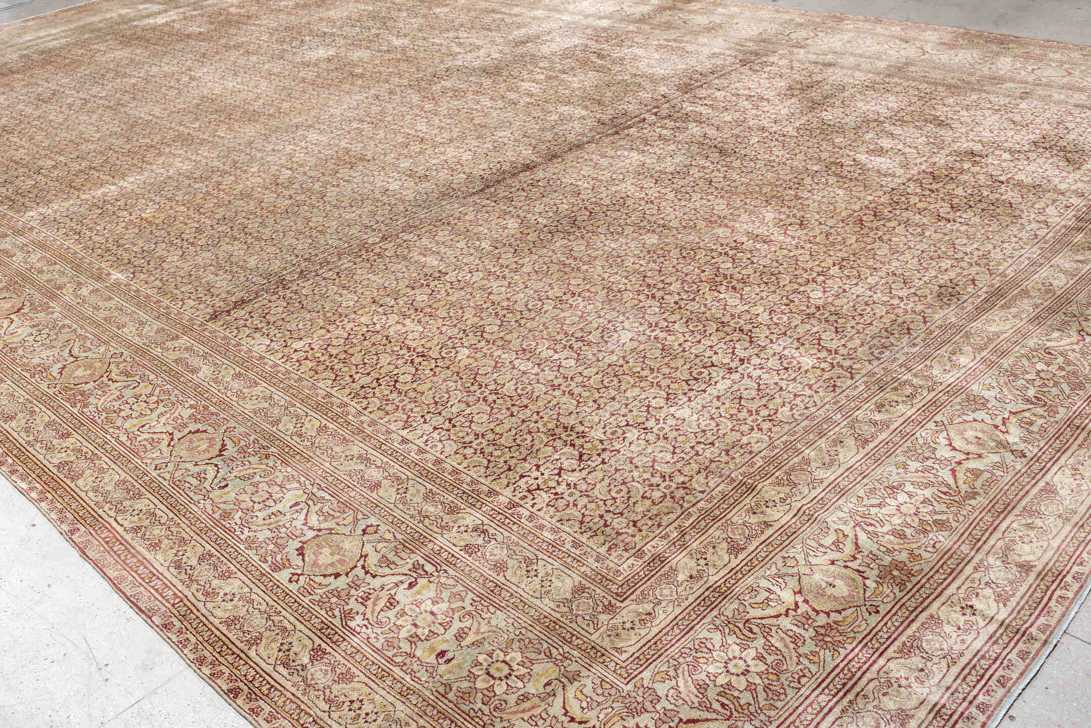 13' x 22' one-of-a-kind handmade antique Khorassan oversize rug. Color palette: rose, terracotta, ivory, blue gray, taupe