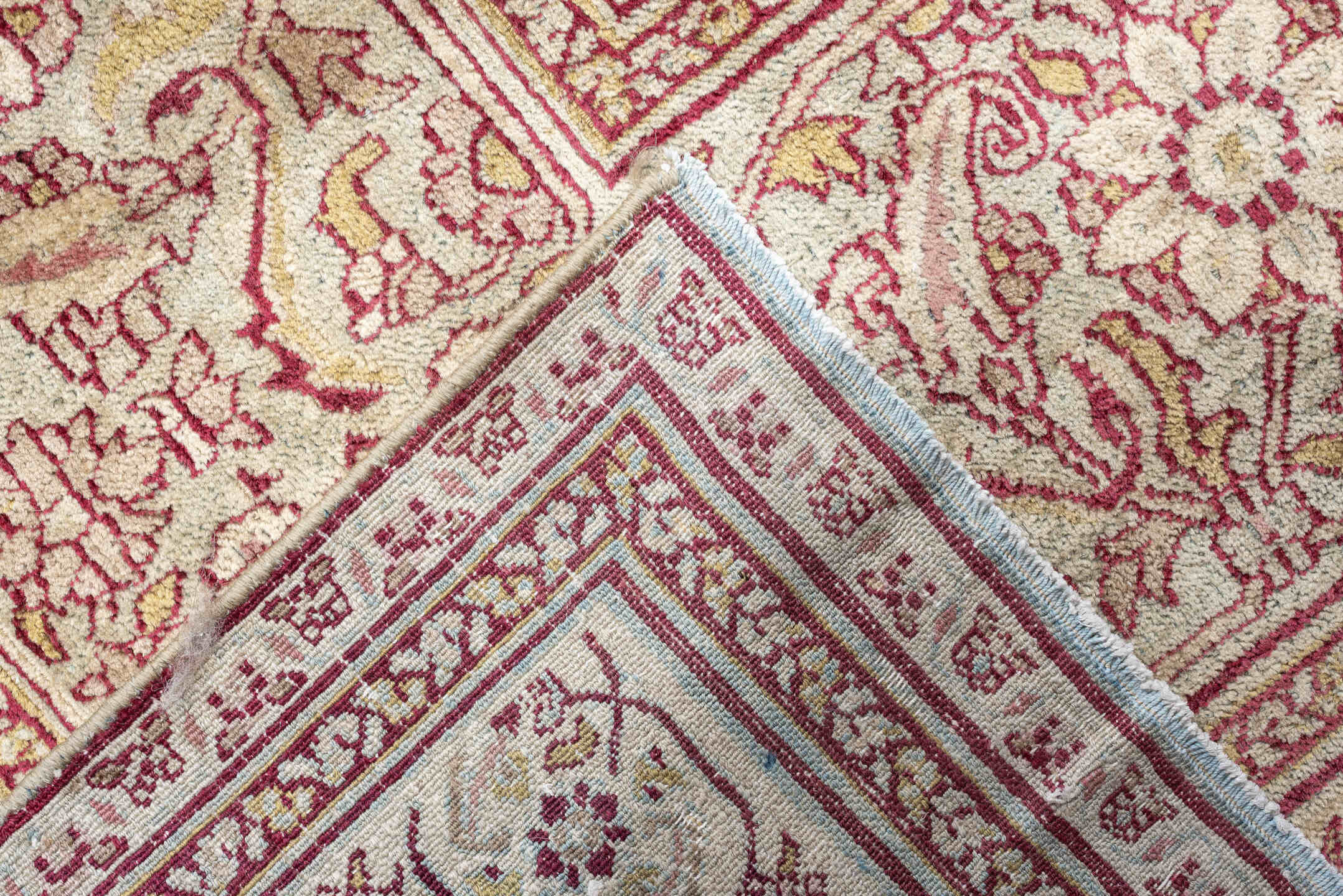 13' x 22' one-of-a-kind handmade antique Khorassan oversize rug. Color palette: rose, terracotta, ivory, blue gray, taupe