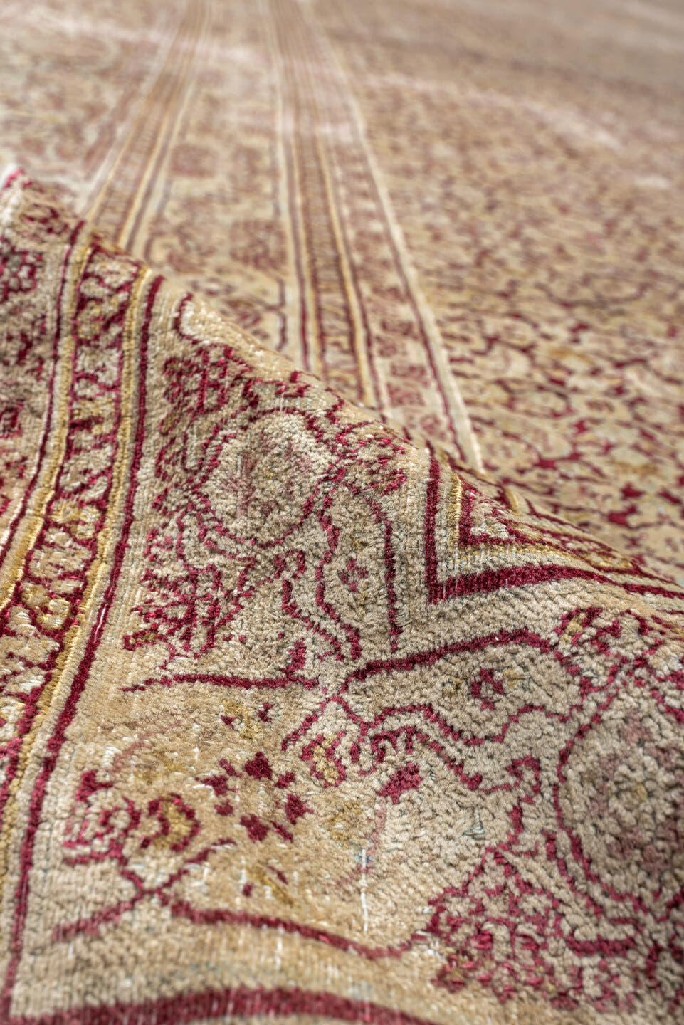 13' x 22' one-of-a-kind handmade antique Khorassan oversize rug. Color palette: rose, terracotta, ivory, blue gray, taupe