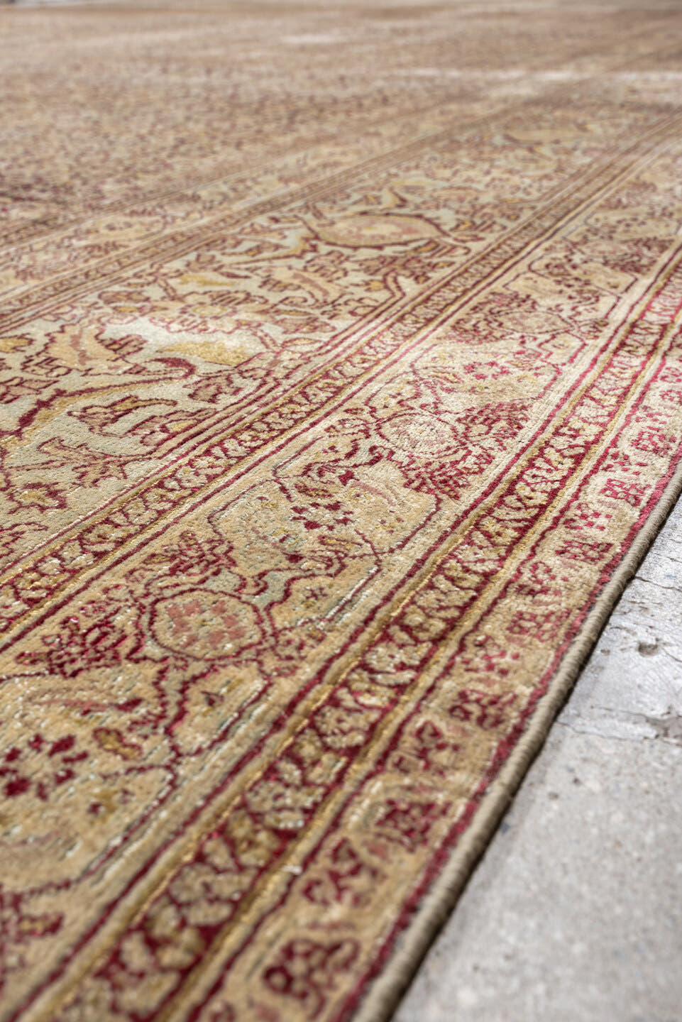 13' x 22' one-of-a-kind handmade antique Khorassan oversize rug. Color palette: rose, terracotta, ivory, blue gray, taupe