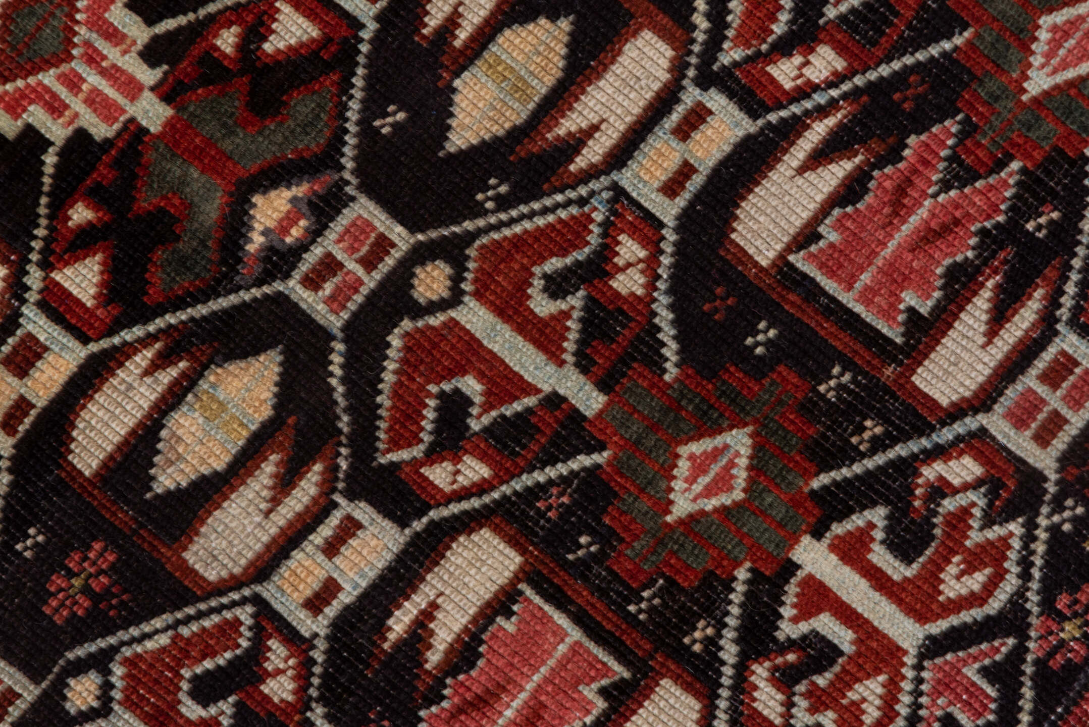 4' x 7' one-of-a-kind handmade antique Kuba rug. Color palette: burgundy, ivory, charcoal, rust, crimson, gold, taupe, gray