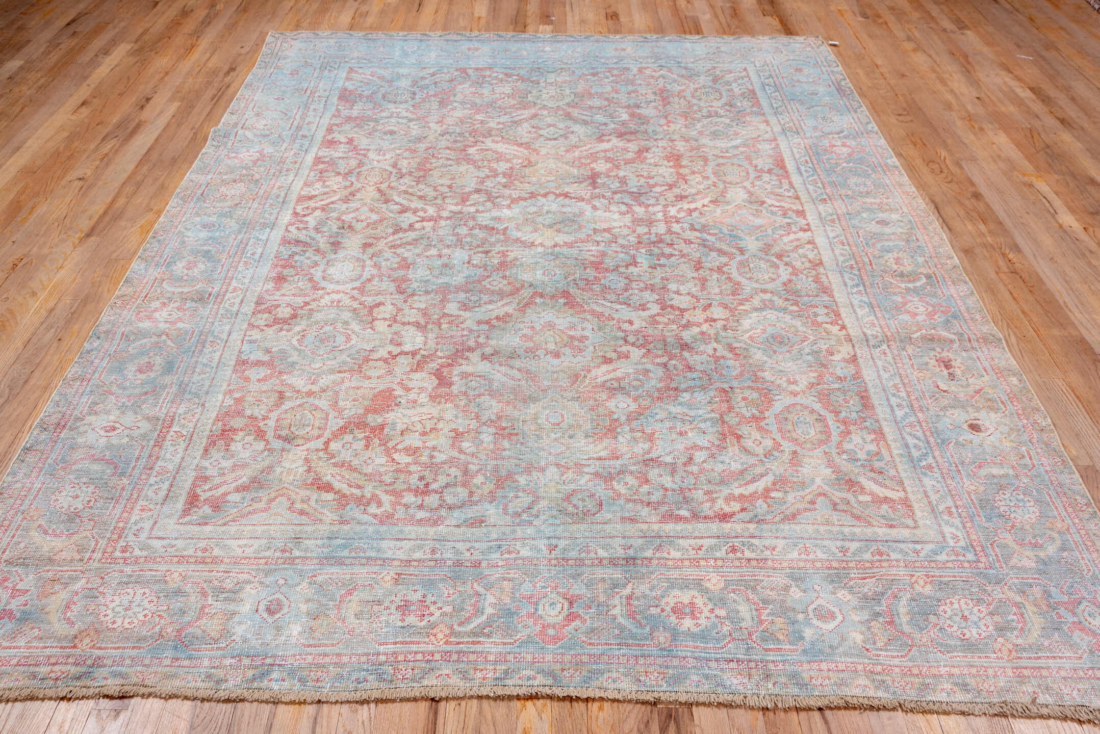 7' x 10' one-of-a-kind handmade antique Mahal large size rug. Color palette: sky blue, rose, ivory, taupe, blush, pale aqua