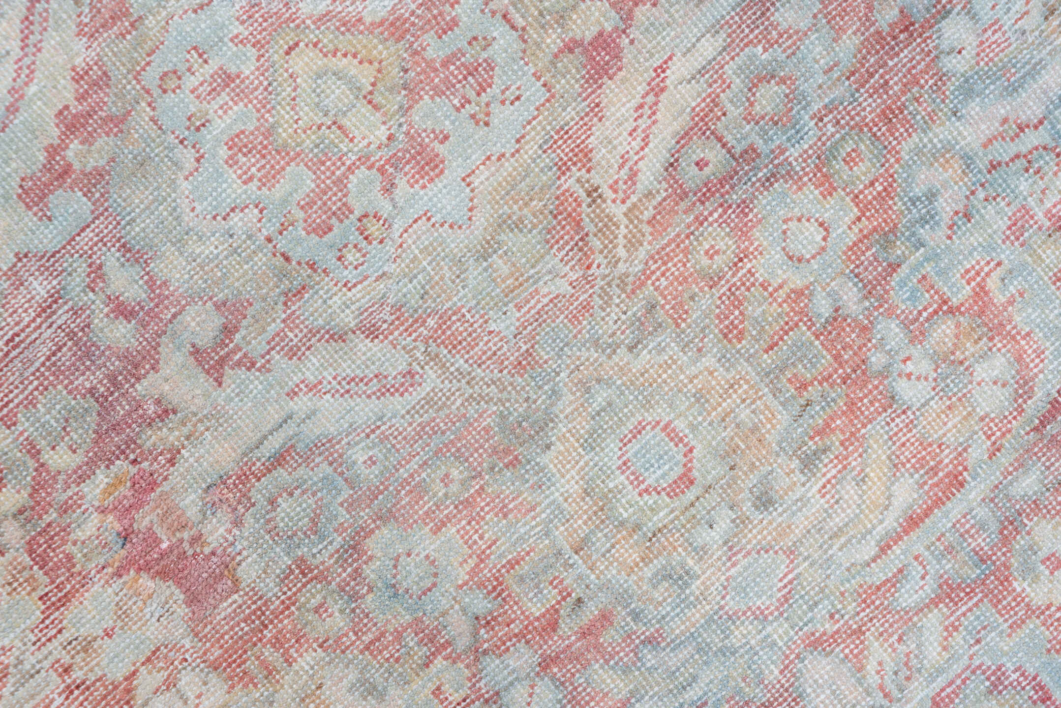7' x 10' one-of-a-kind handmade antique Mahal large size rug. Color palette: sky blue, rose, ivory, taupe, blush, pale aqua