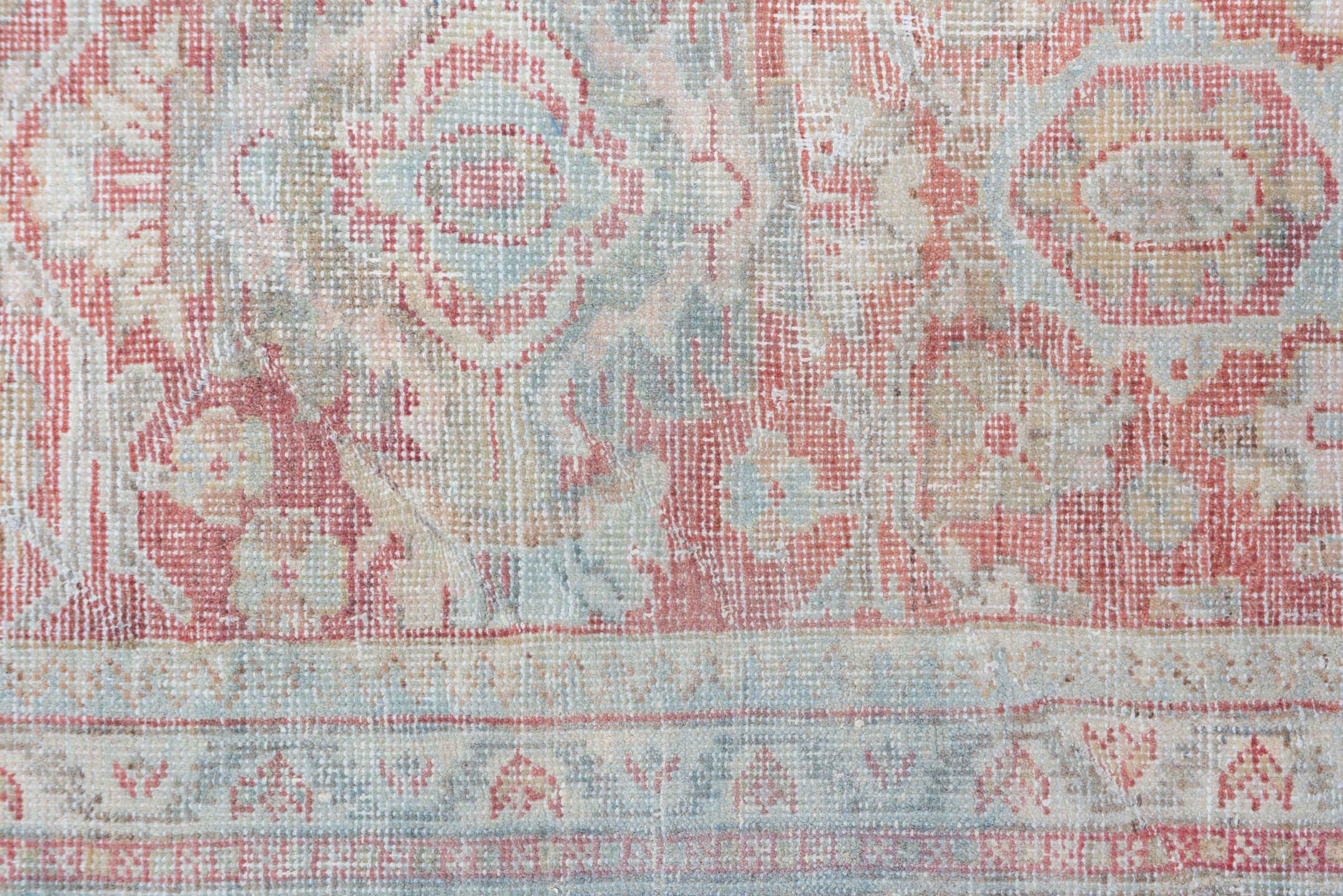 7' x 10' one-of-a-kind handmade antique Mahal large size rug. Color palette: sky blue, rose, ivory, taupe, blush, pale aqua