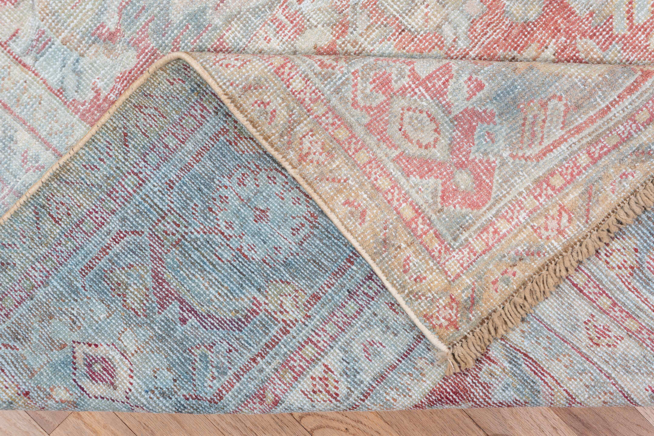 7' x 10' one-of-a-kind handmade antique Mahal large size rug. Color palette: sky blue, rose, ivory, taupe, blush, pale aqua