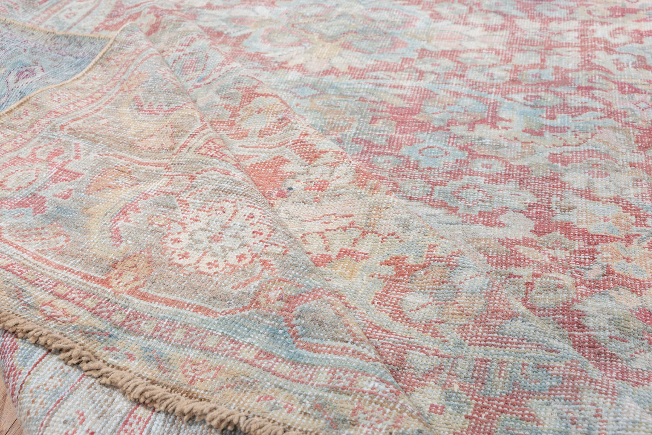 7' x 10' one-of-a-kind handmade antique Mahal large size rug. Color palette: sky blue, rose, ivory, taupe, blush, pale aqua