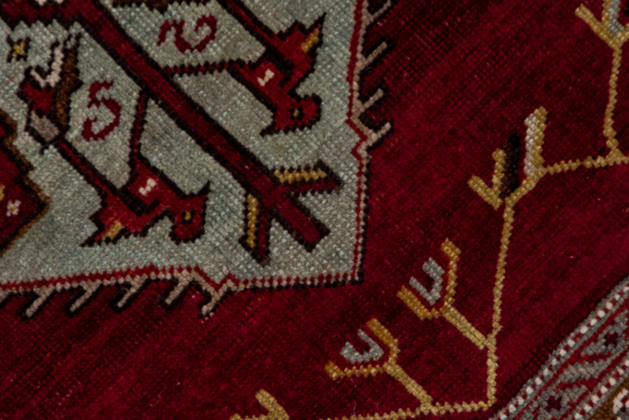 5' x 7' one-of-a-kind handmade antique Oushak rug. Color palette: red, ivory, burgundy, camel, gold, brown, beige