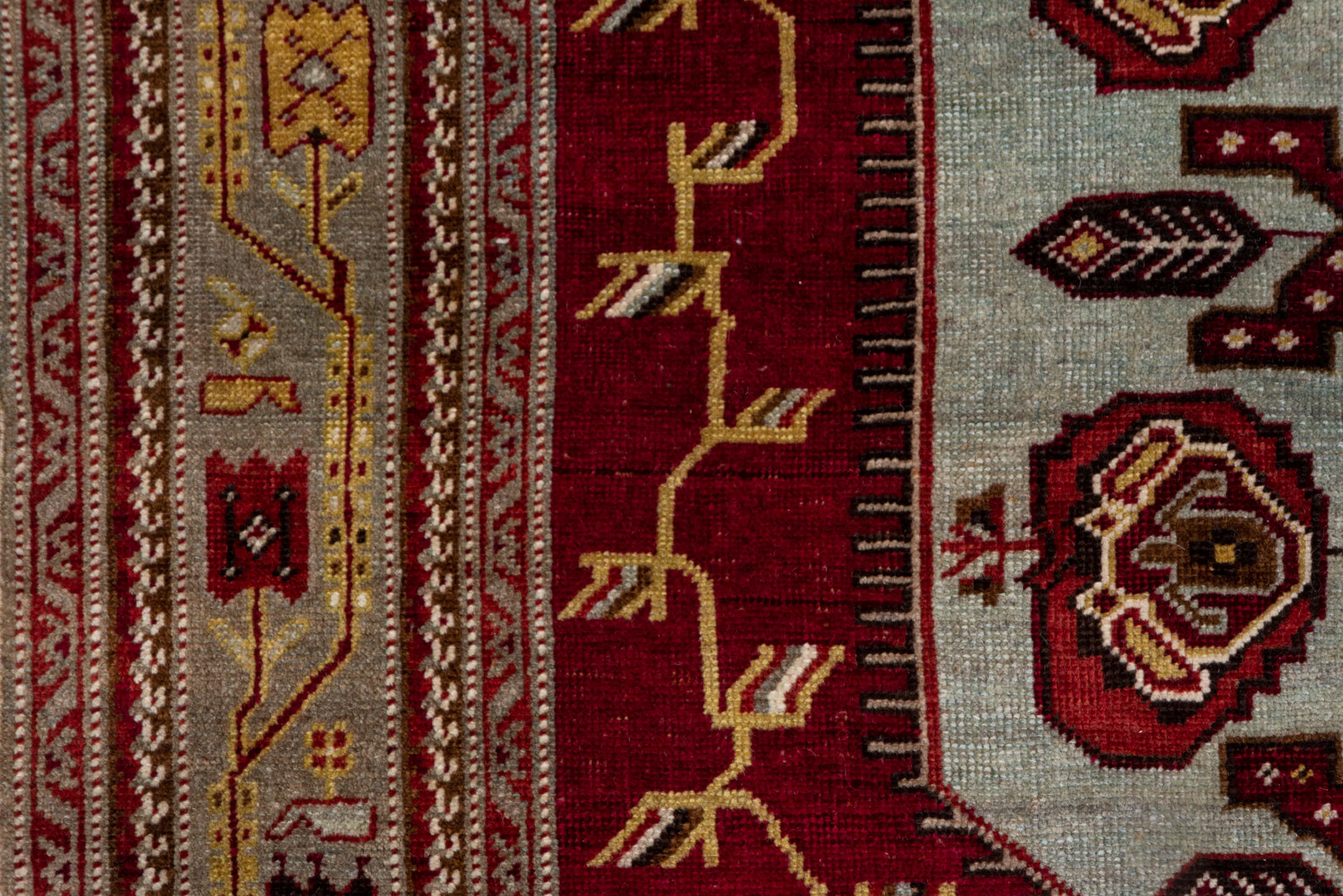 5' x 7' one-of-a-kind handmade antique Oushak rug. Color palette: red, ivory, burgundy, camel, gold, brown, beige